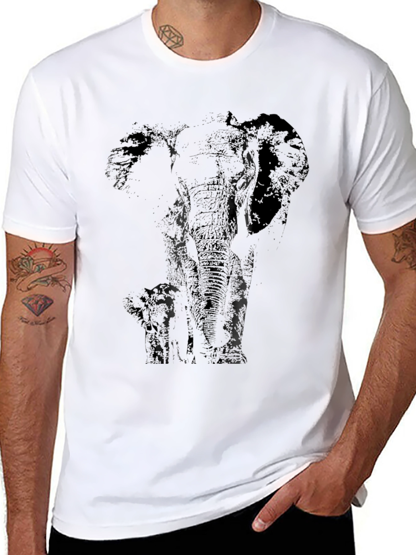 Elephant Silhouette Print Black T-Shirt