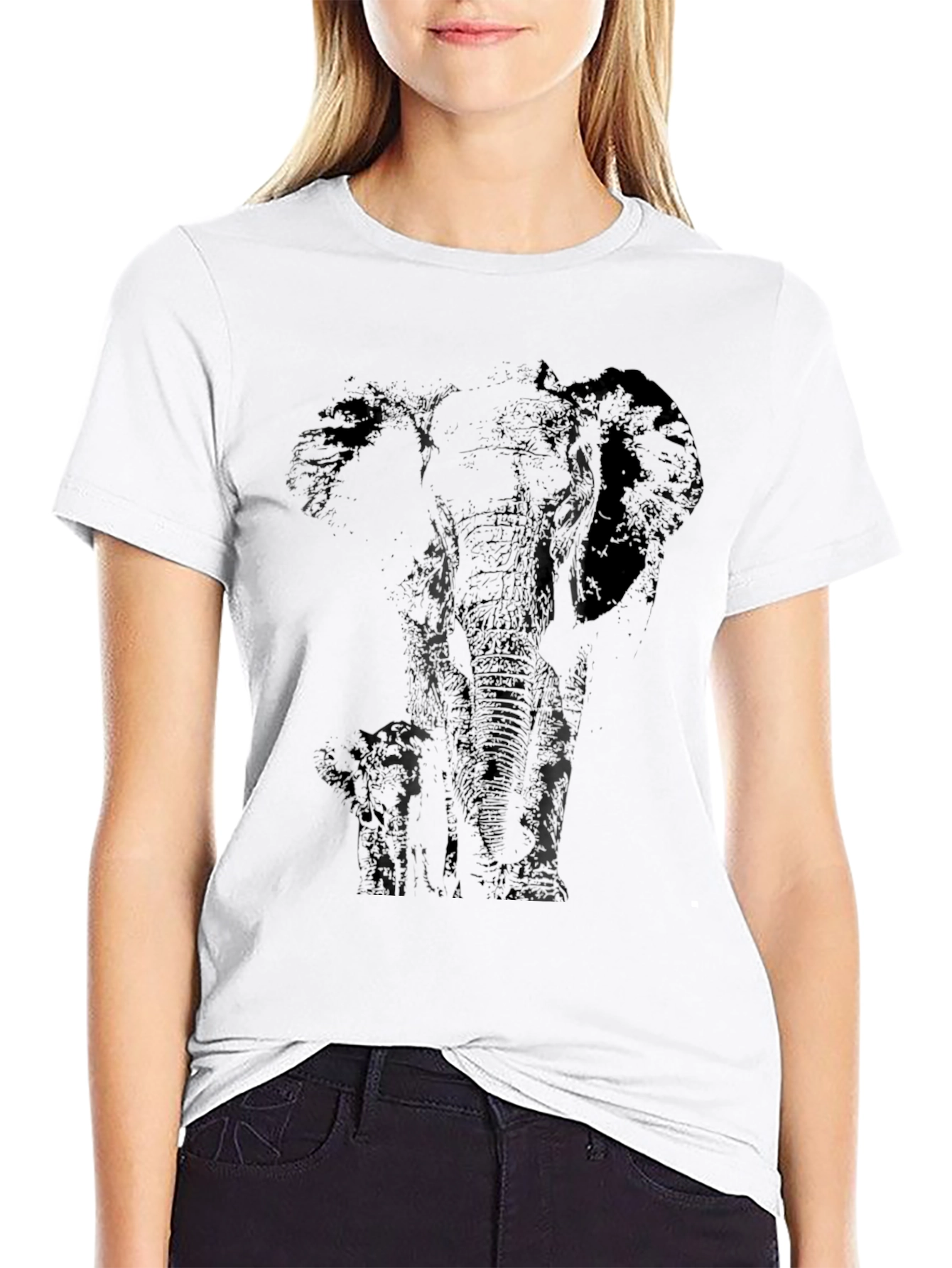 Elephant Silhouette Print Black T-Shirt
