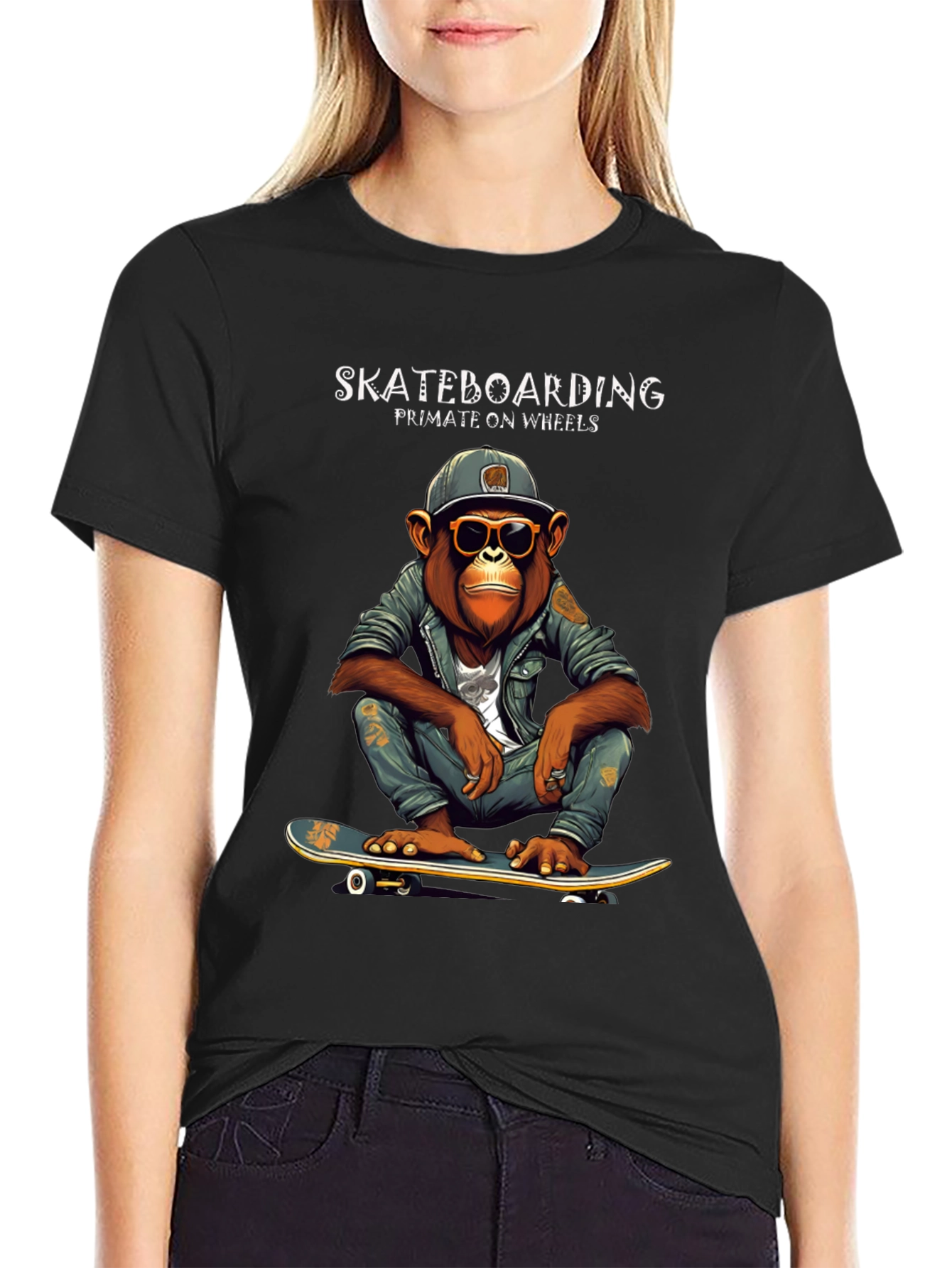 Skateboarding Primate on Wheels Graphic T-Shirt