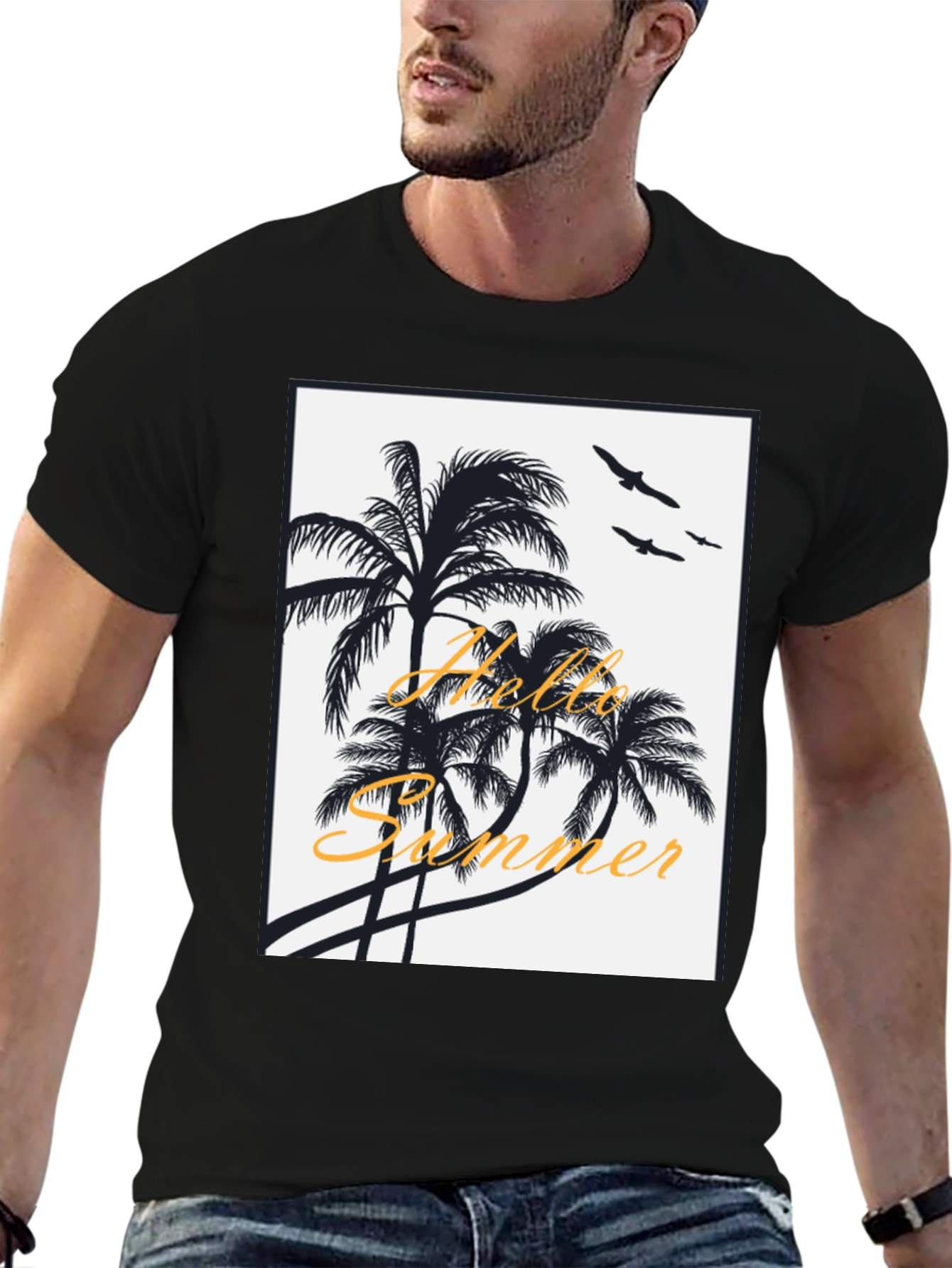 Hello Summer Black T-Shirt with Palm Tree Design