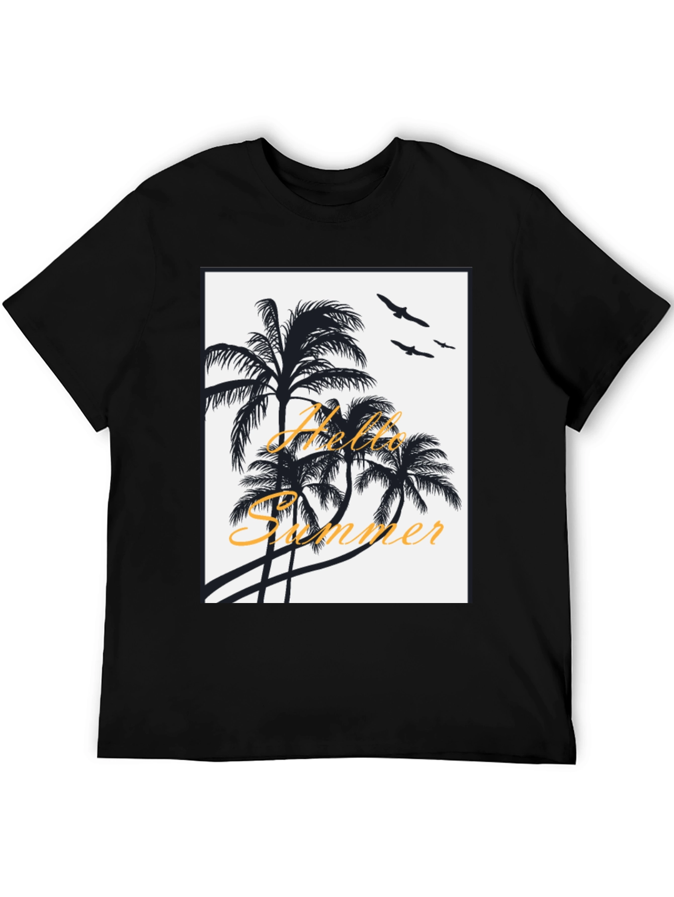 Hello Summer Black T-Shirt with Palm Tree Design