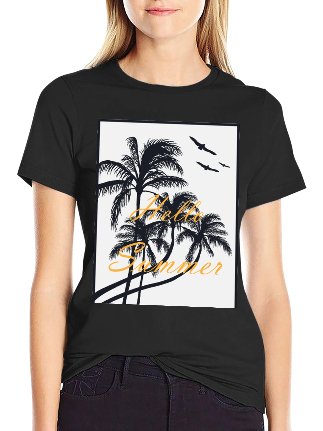 Hello Summer Black T-Shirt with Palm Tree Design