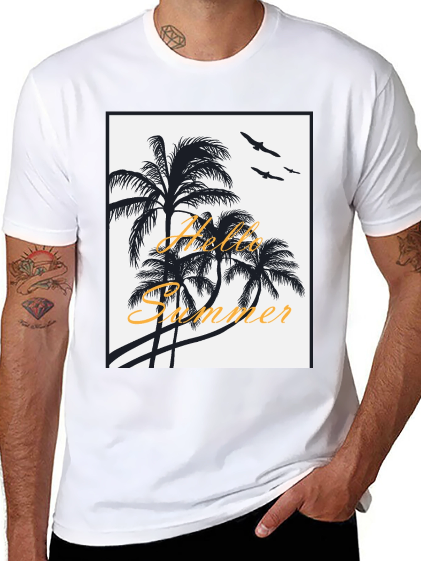 Hello Summer Black T-Shirt with Palm Tree Design