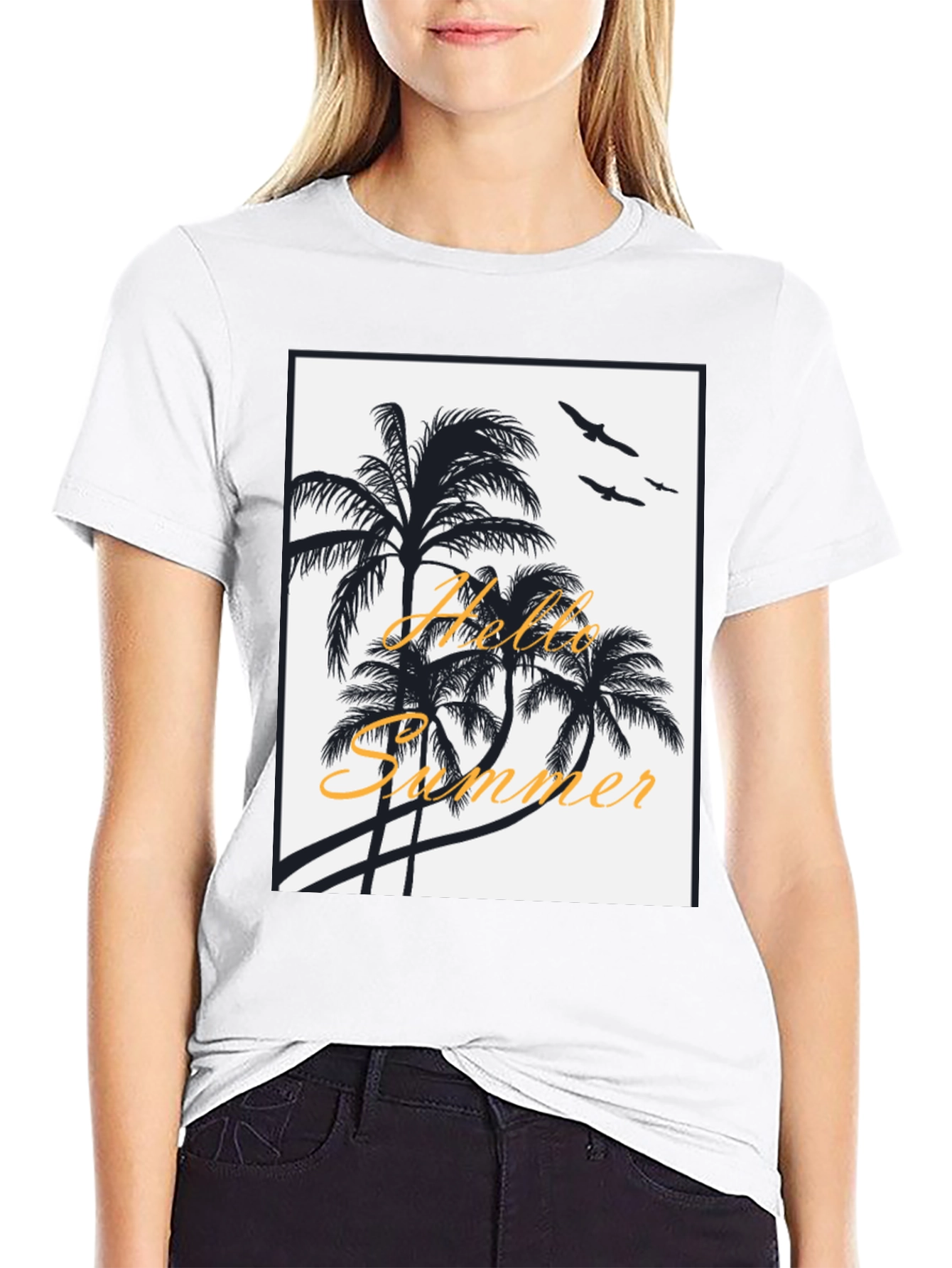 Hello Summer Black T-Shirt with Palm Tree Design