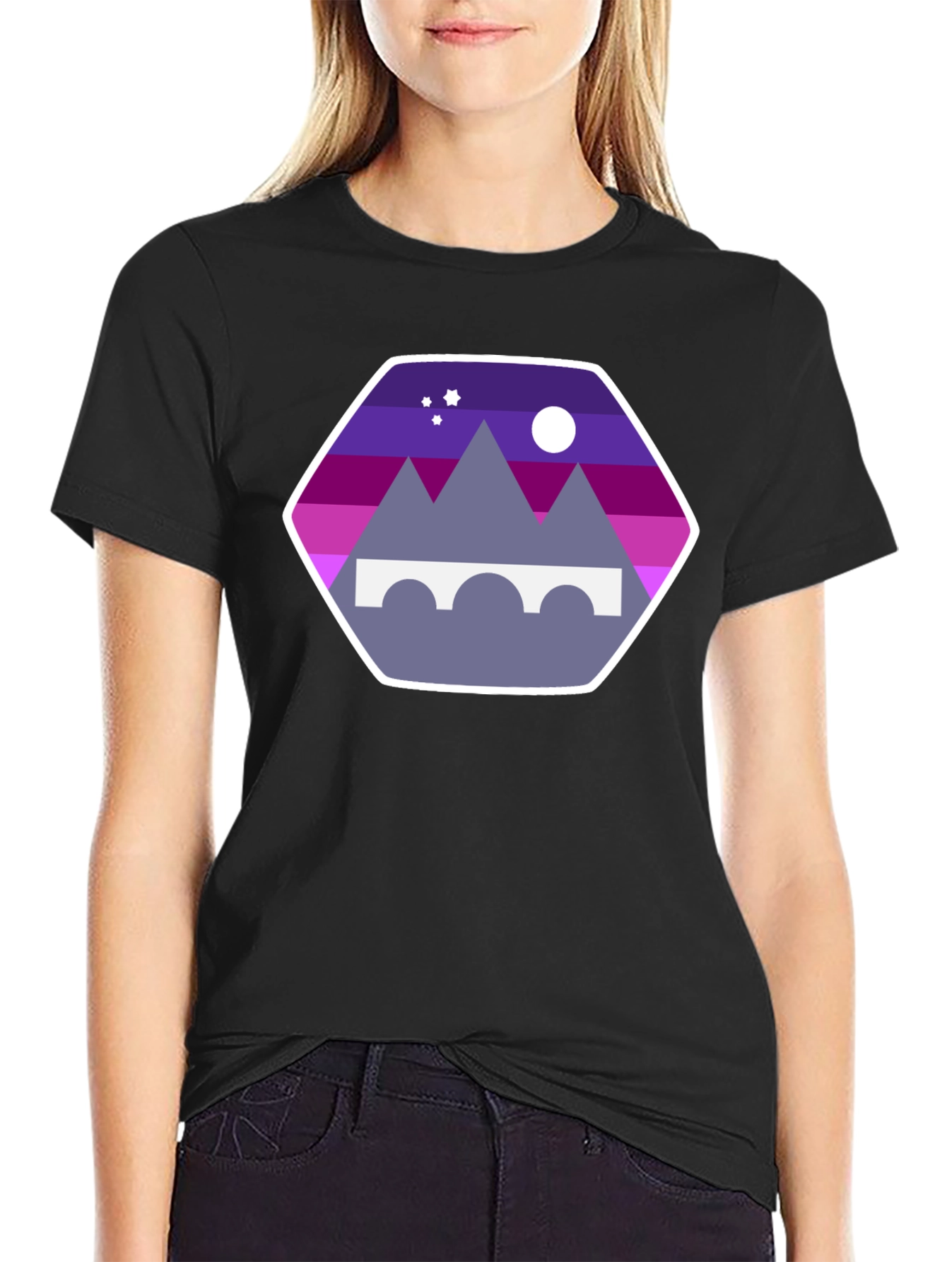 Mountains Bridge and Moon T-Shirt - Stylish Design