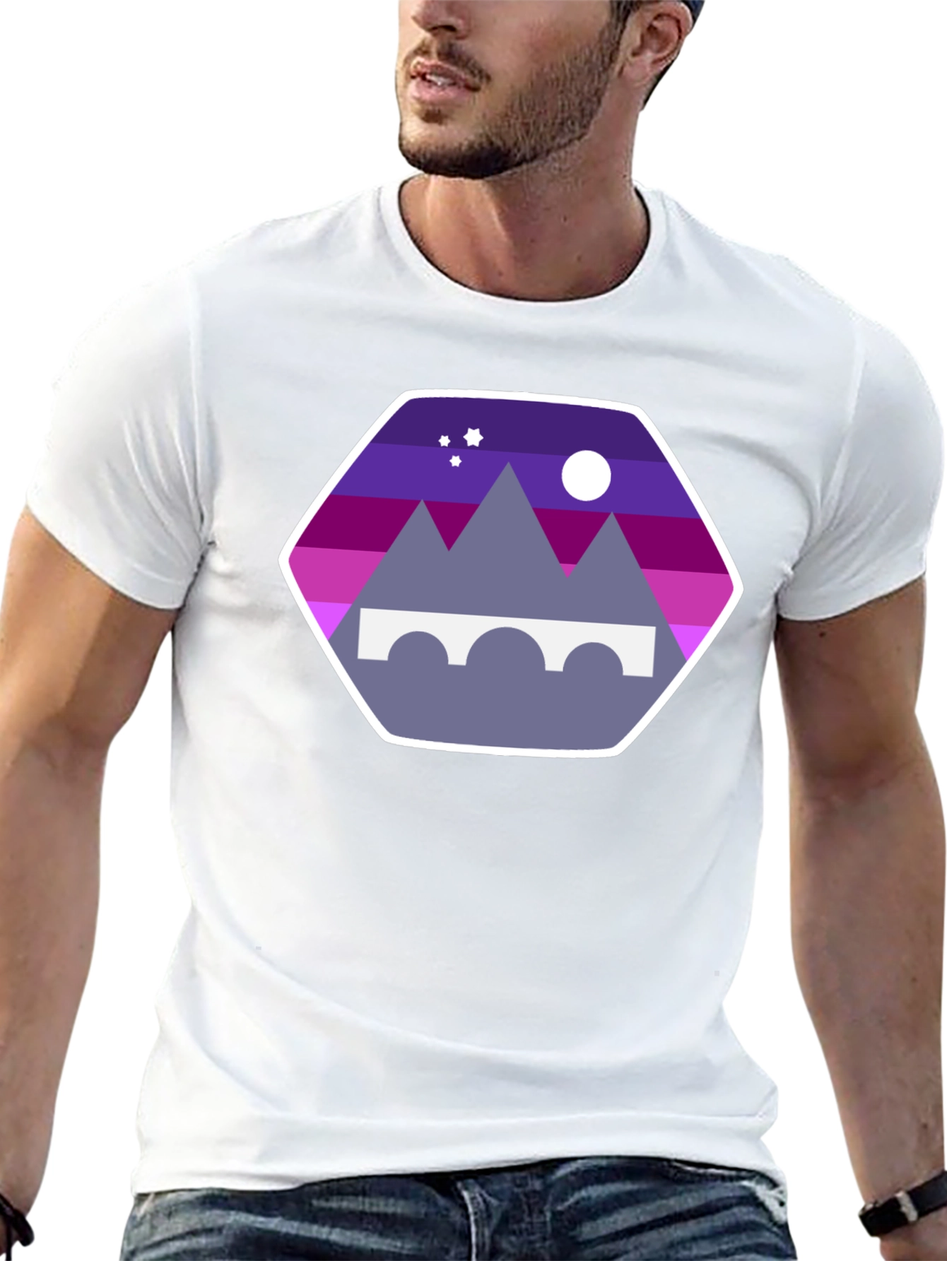 Mountains Bridge and Moon T-Shirt - Stylish Design