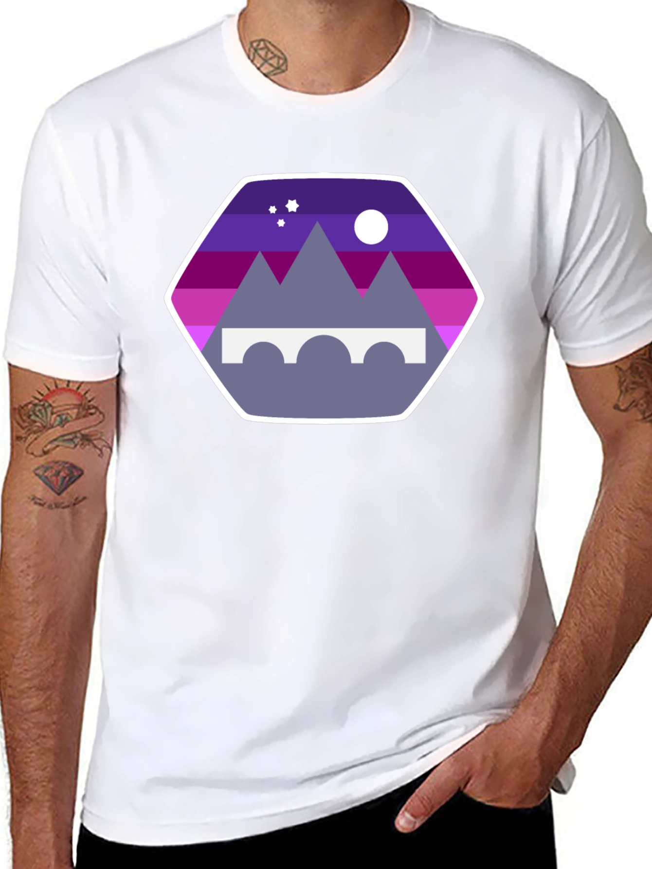 Mountains Bridge and Moon T-Shirt - Stylish Design