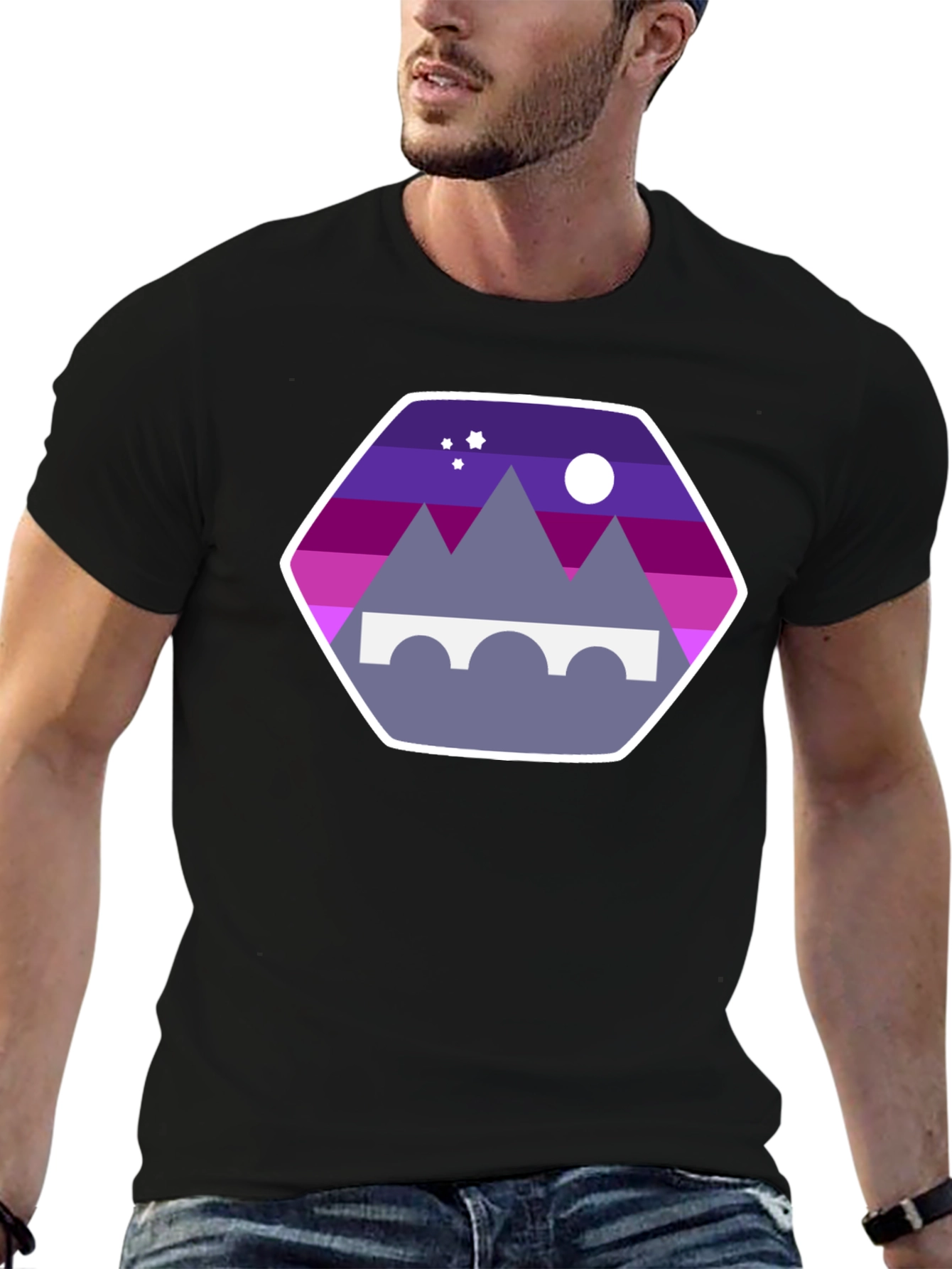 Mountains Bridge and Moon T-Shirt - Stylish Design