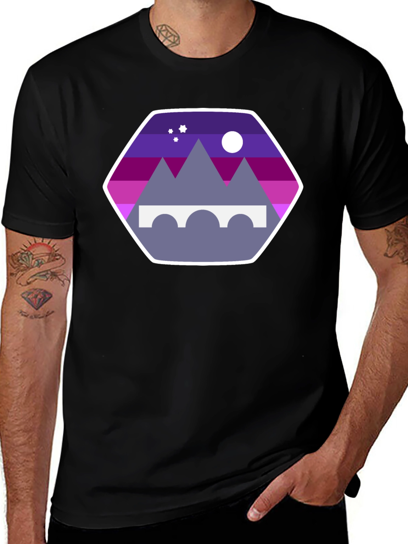 Mountains Bridge and Moon T-Shirt - Stylish Design