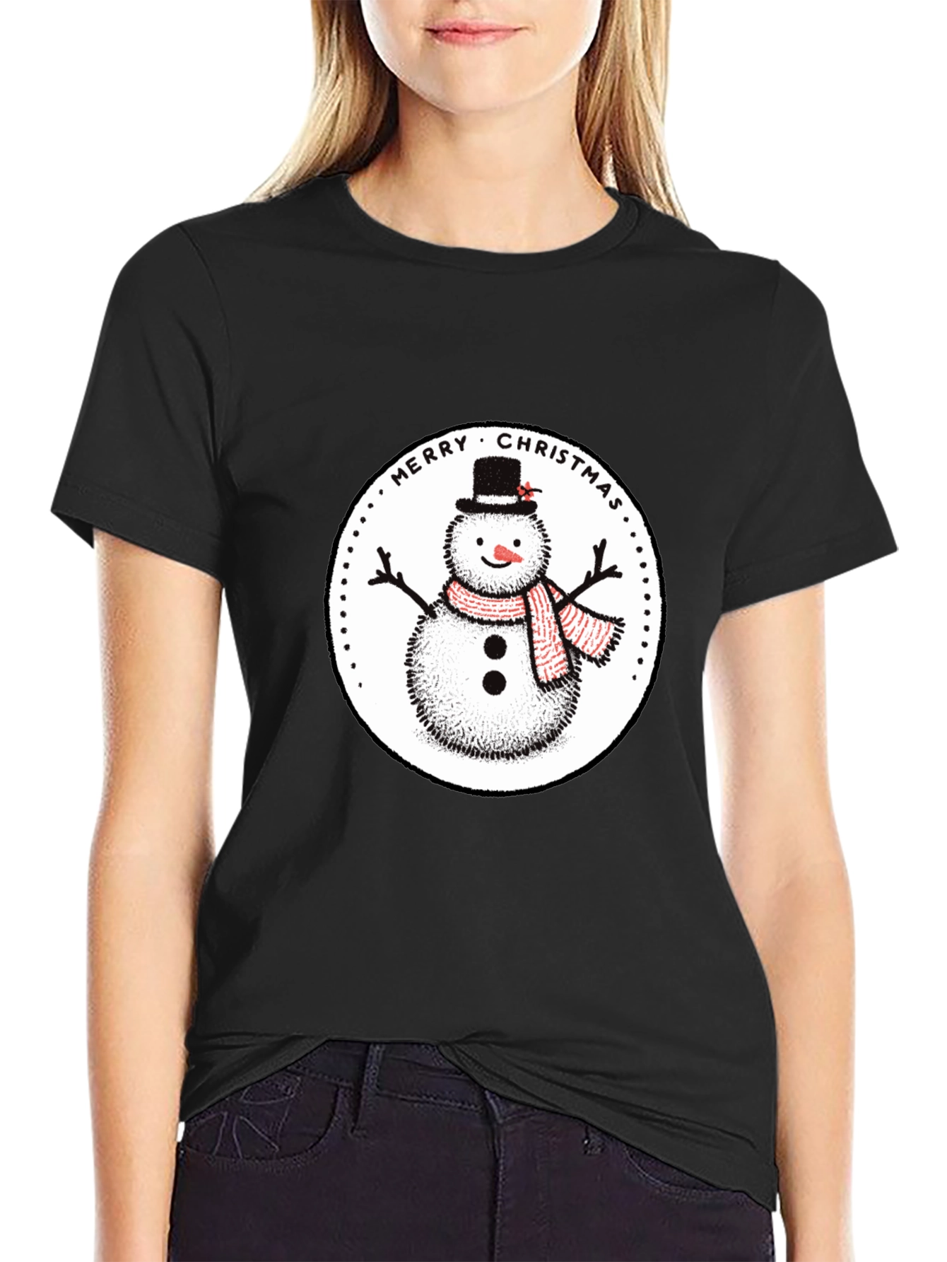 Merry Christmas Snowman Graphic Tee - Black