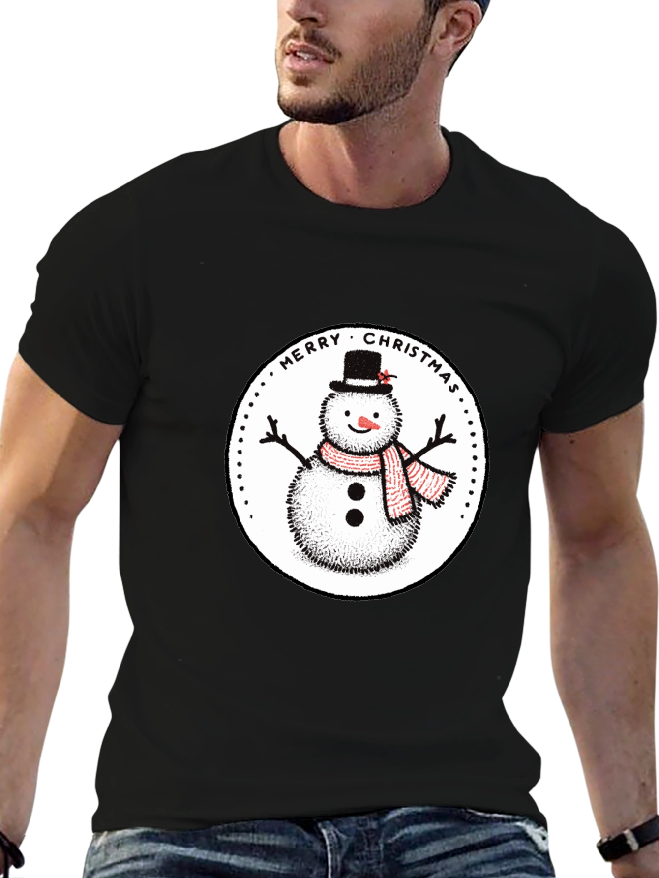 Merry Christmas Snowman Graphic Tee - Black