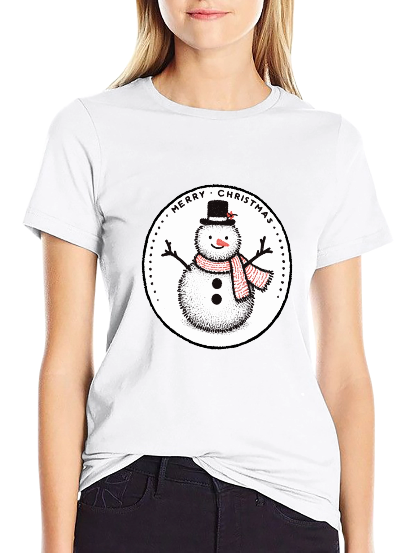 Merry Christmas Snowman Graphic Tee - Black