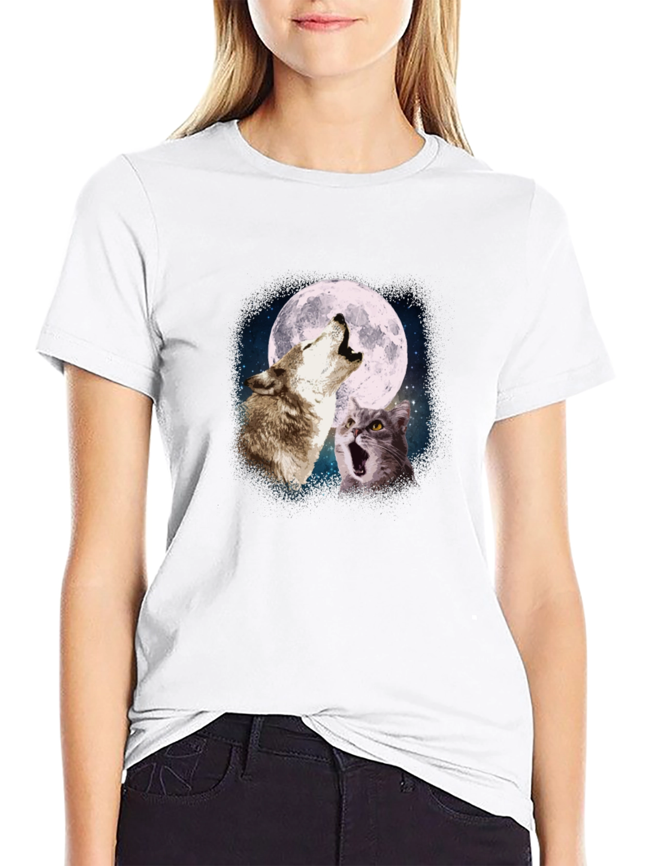 Wolf & Cat Moon Howl T-Shirt - Black