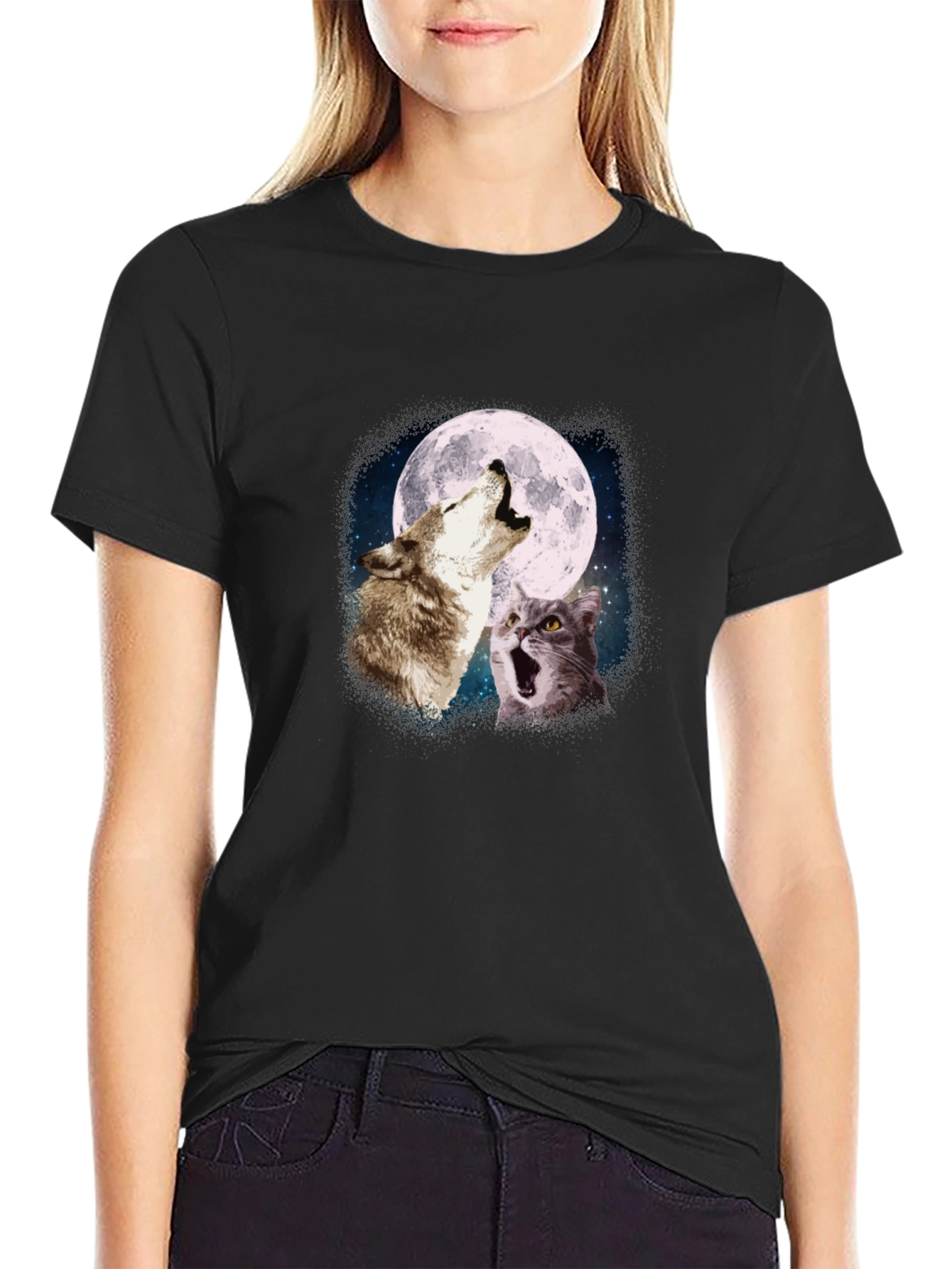 Wolf & Cat Moon Howl T-Shirt - Black