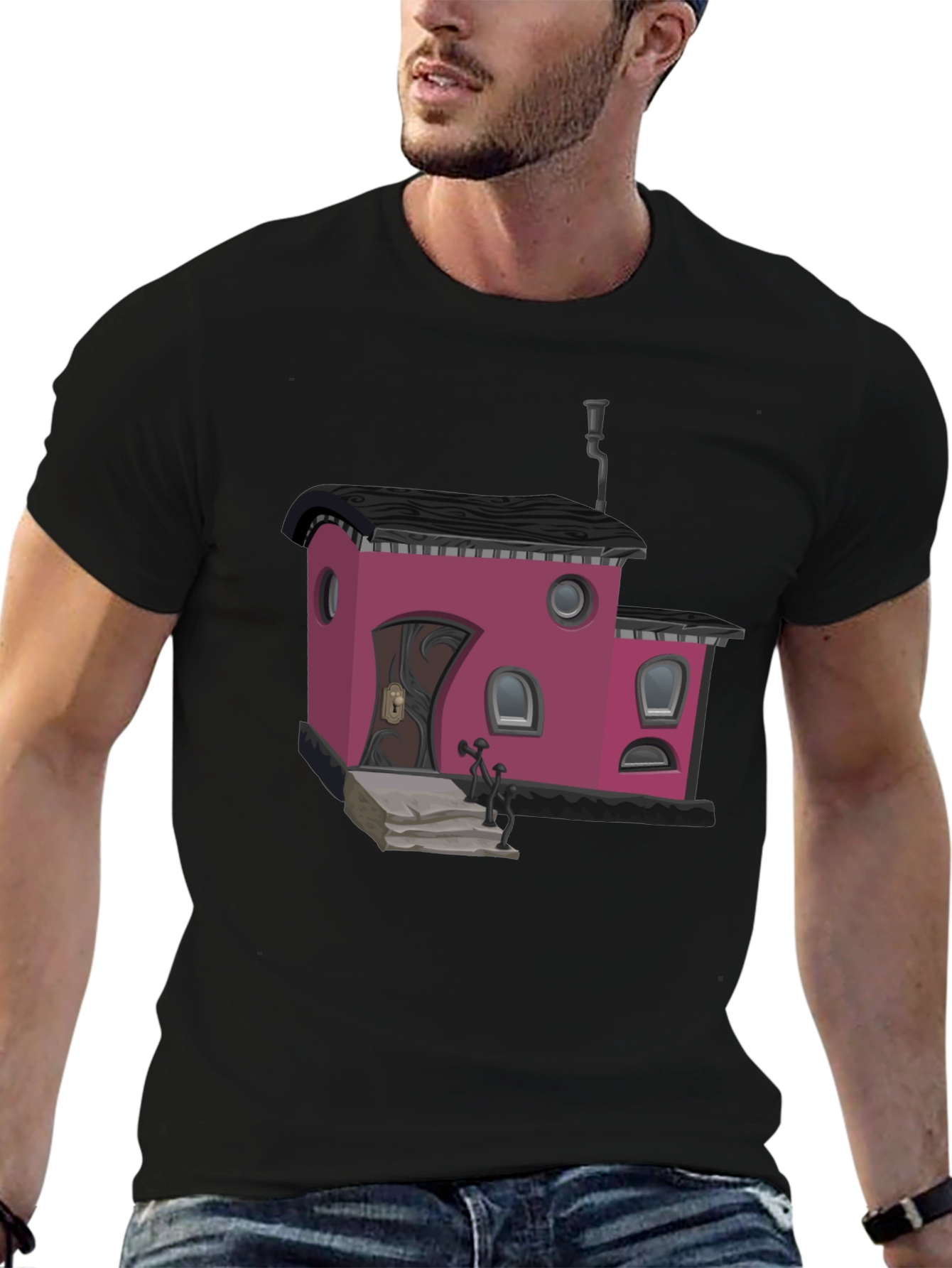 Whimsical House Graphic T-Shirt - Black