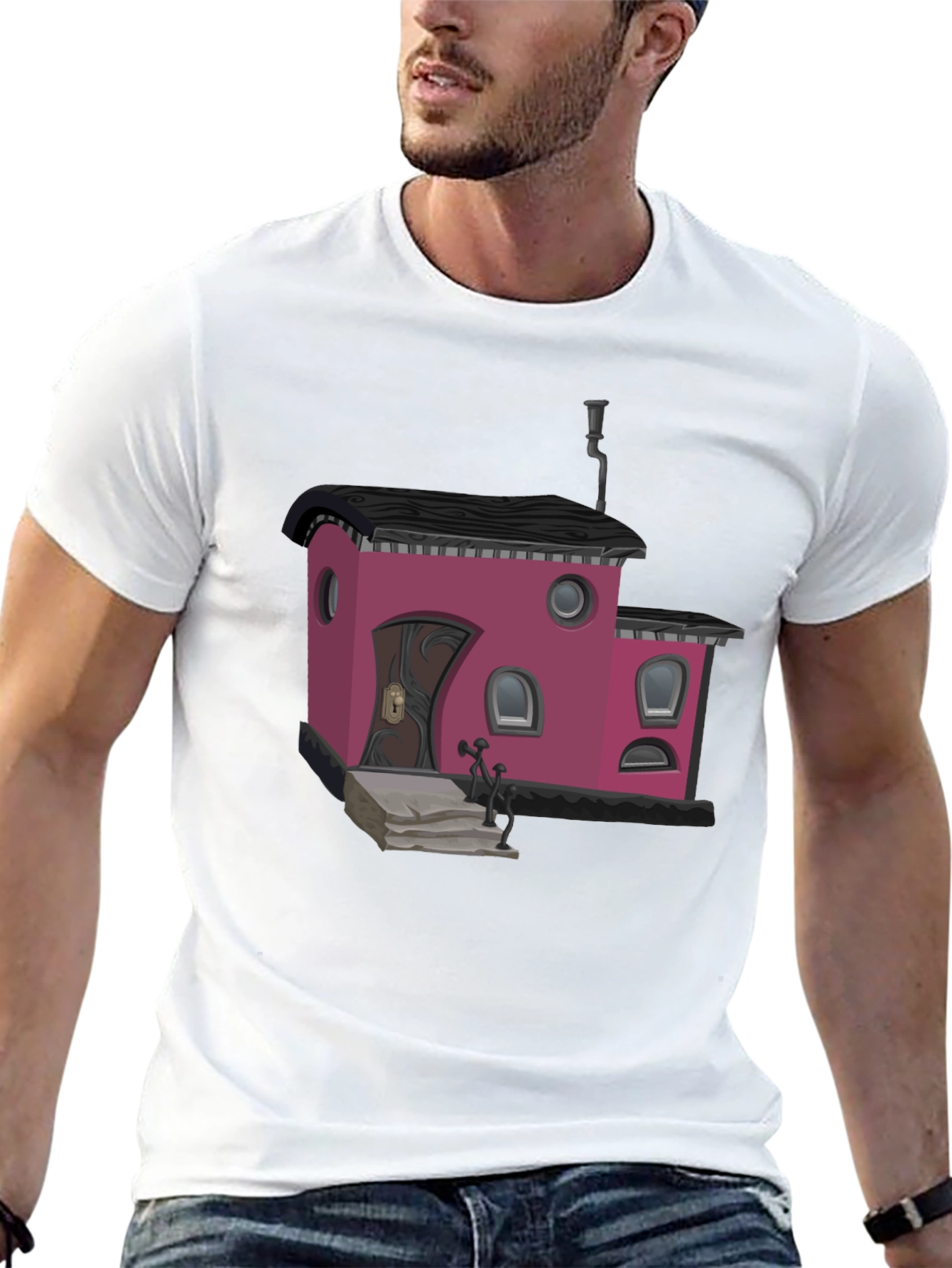 Whimsical House Graphic T-Shirt - Black