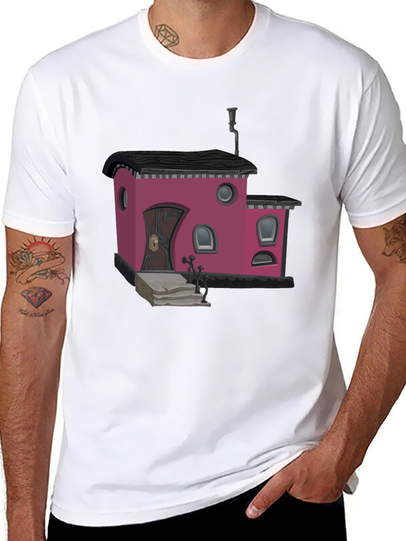 Whimsical House Graphic T-Shirt - Black