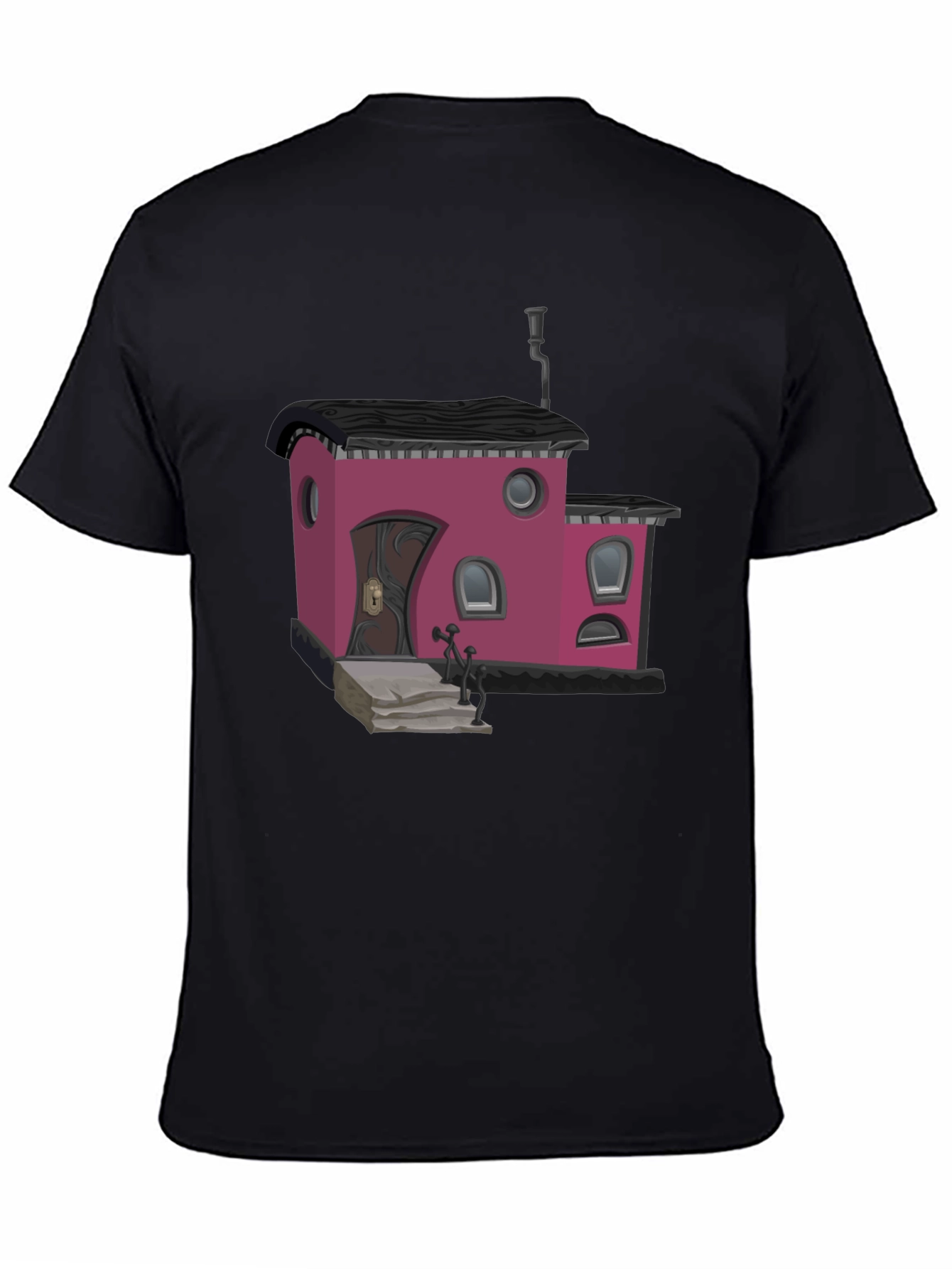 Whimsical House Graphic T-Shirt - Black