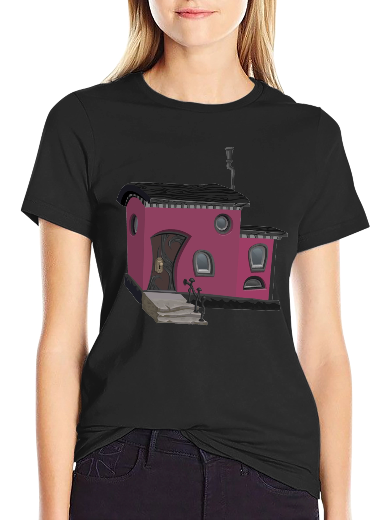 Whimsical House Graphic T-Shirt - Black