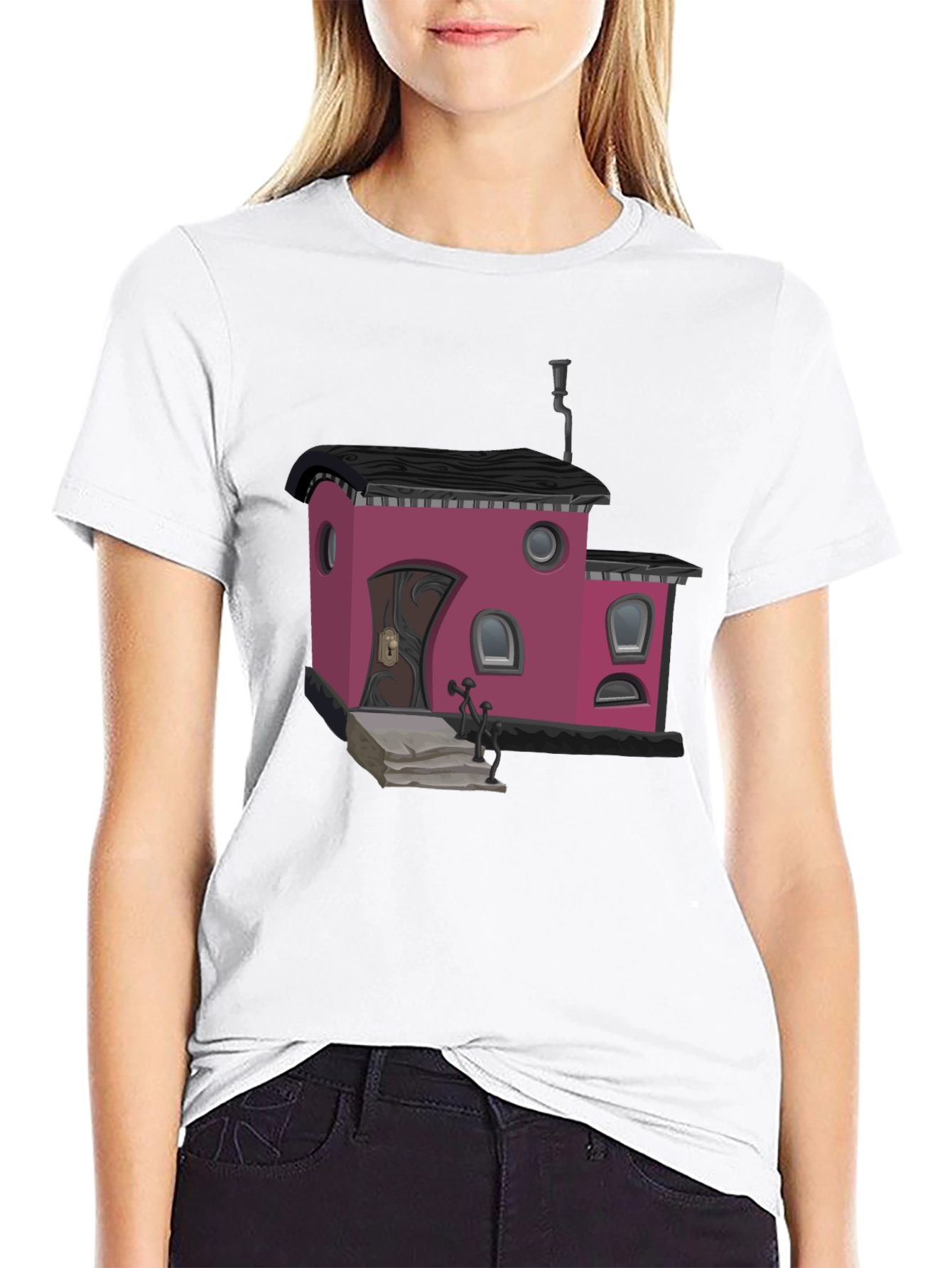 Whimsical House Graphic T-Shirt - Black