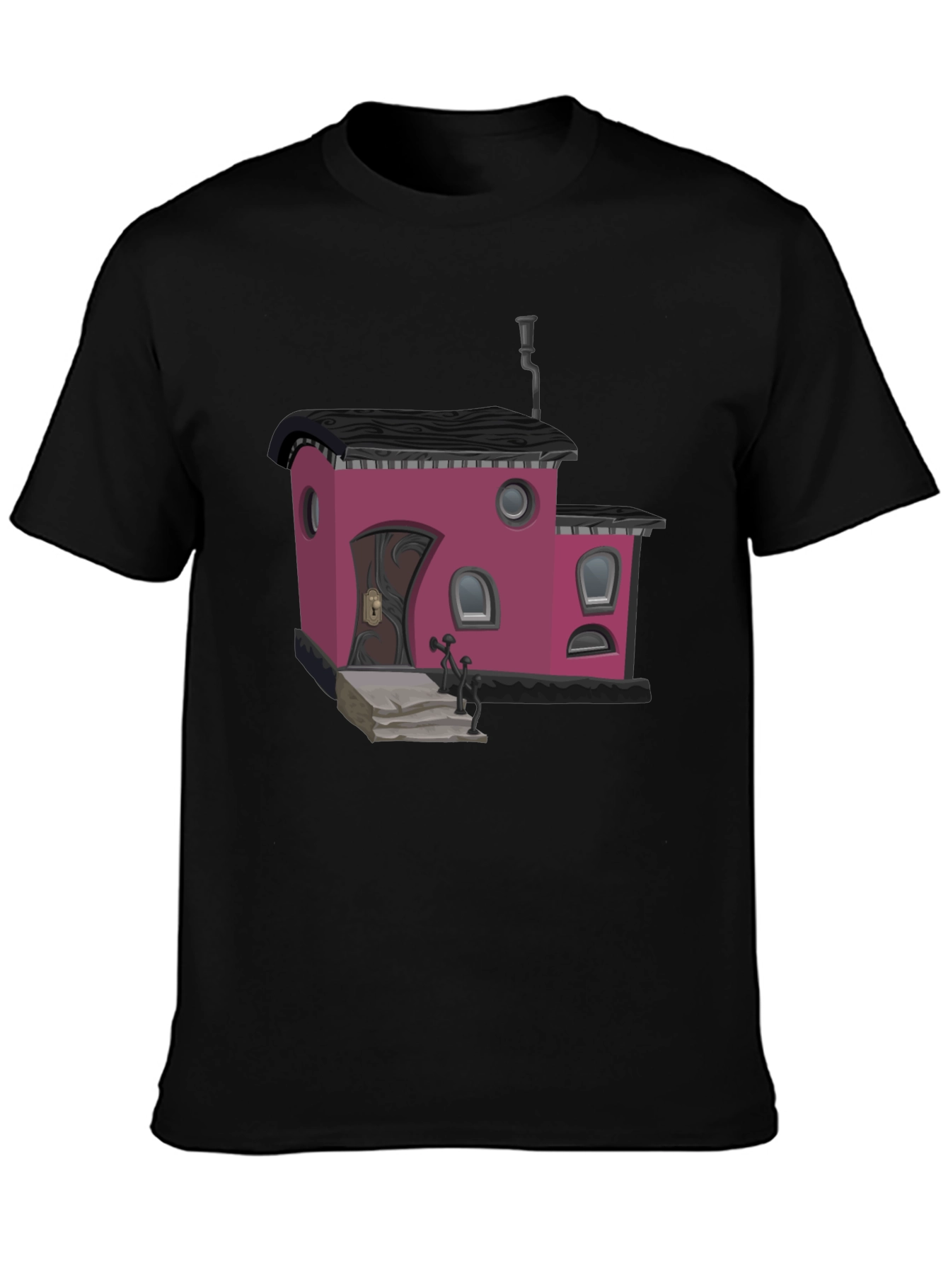 Whimsical House Graphic T-Shirt - Black