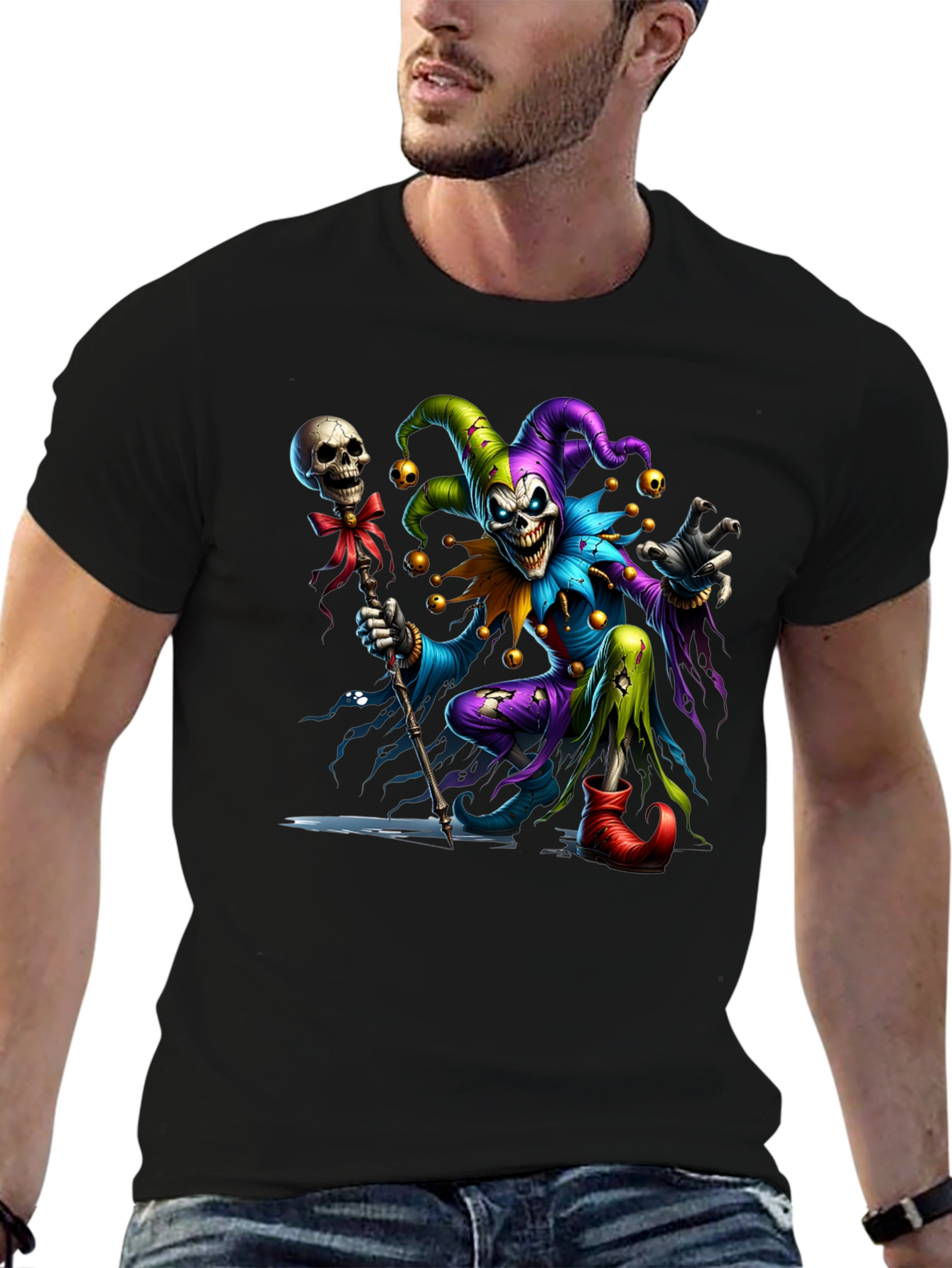 Creepy Jester Graphic Tee - Black Cotton Blend Shirt