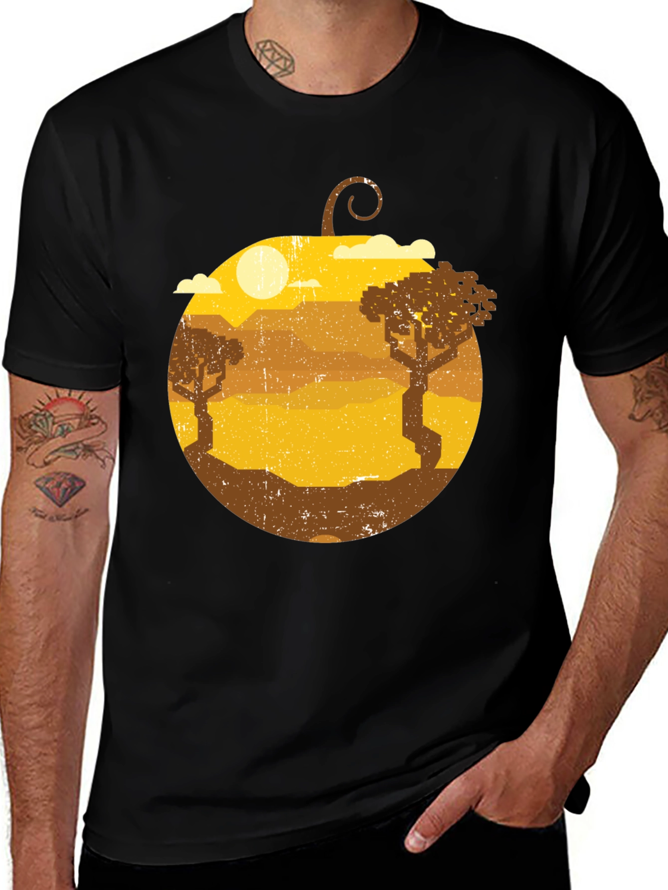 Retro Sunset Landscape Graphic Tee - Mens Black Shirt