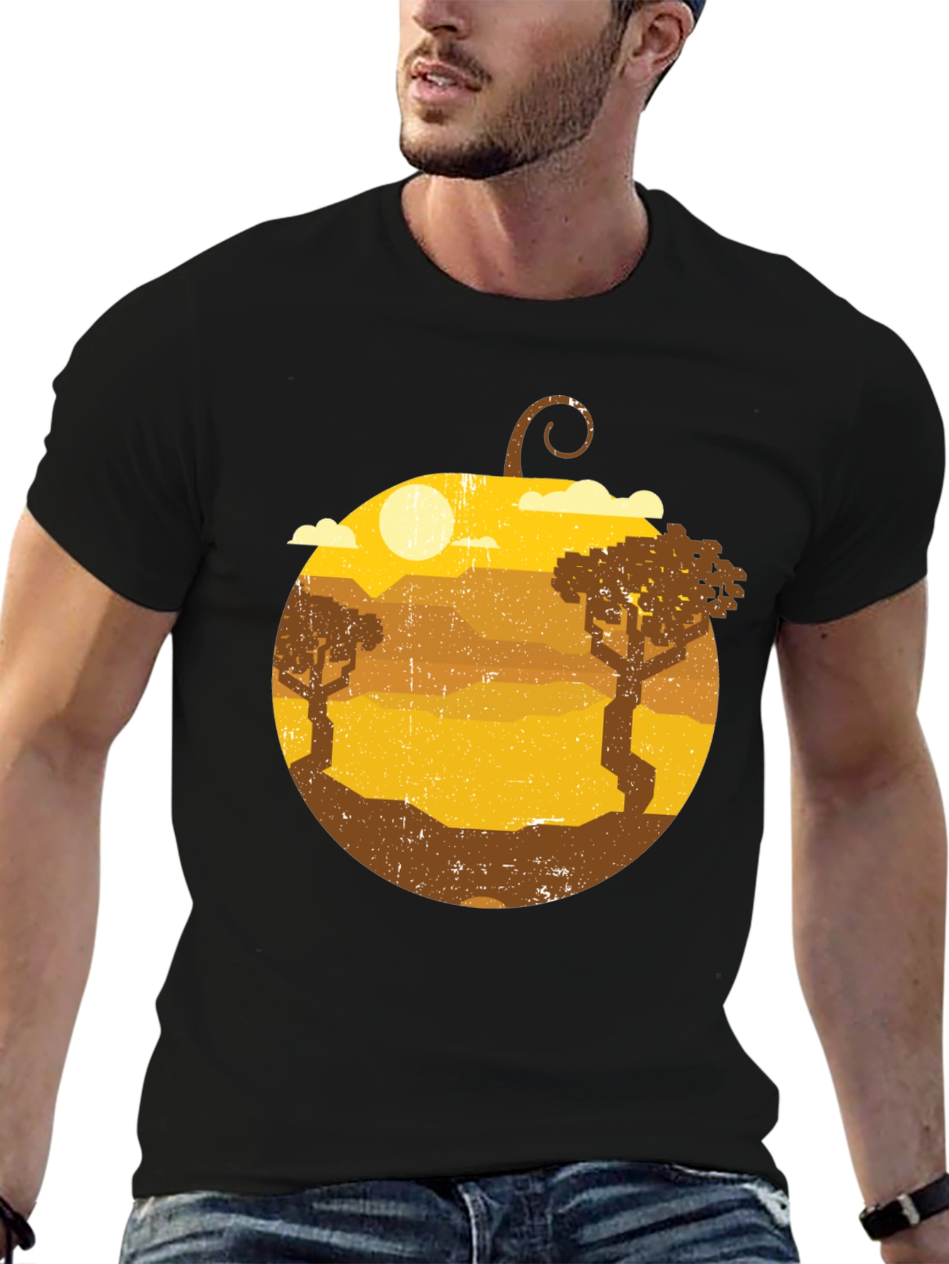 Retro Sunset Landscape Graphic Tee - Mens Black Shirt