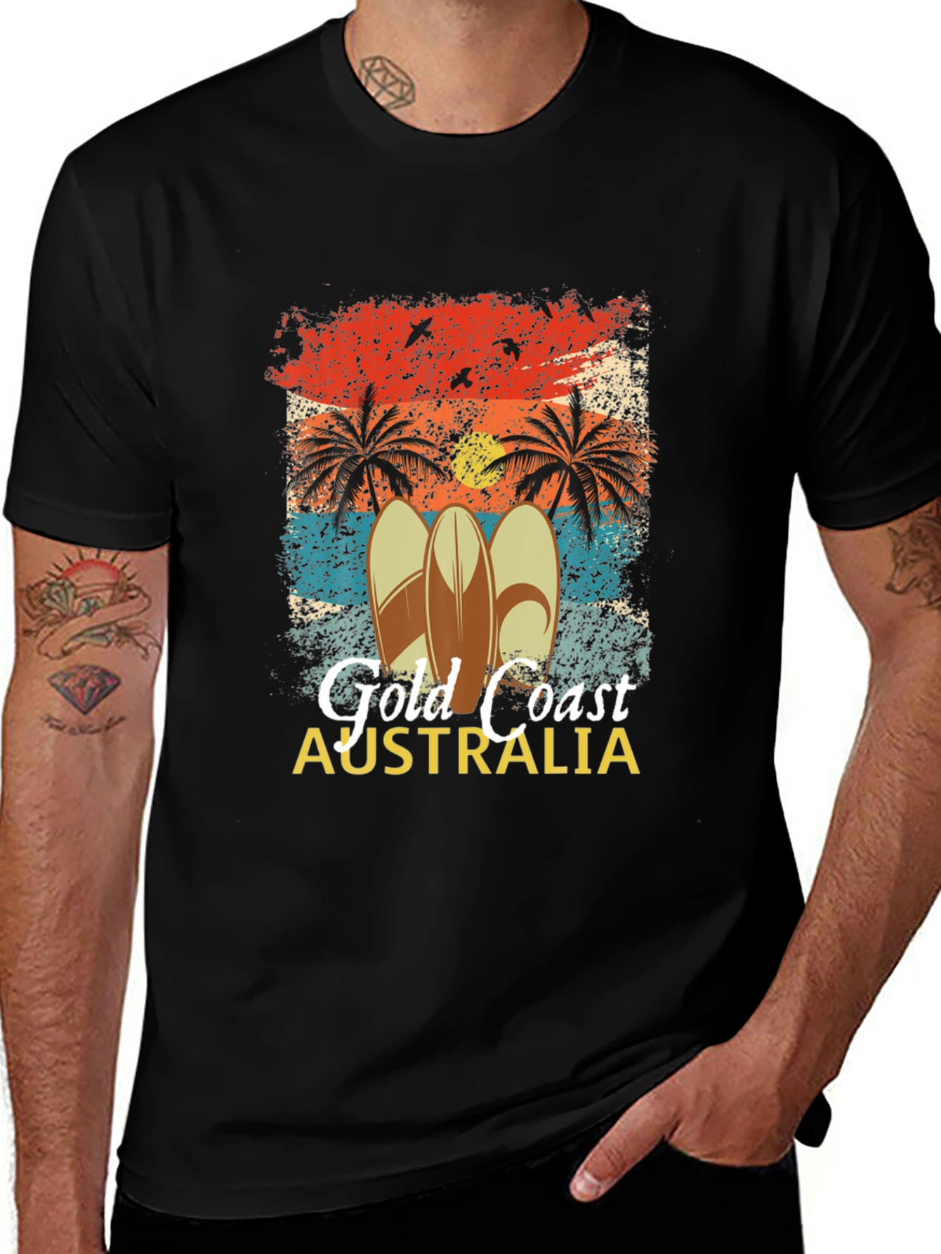 Gold Coast Australia Surfboard Palm Tree Mens T-Shirt