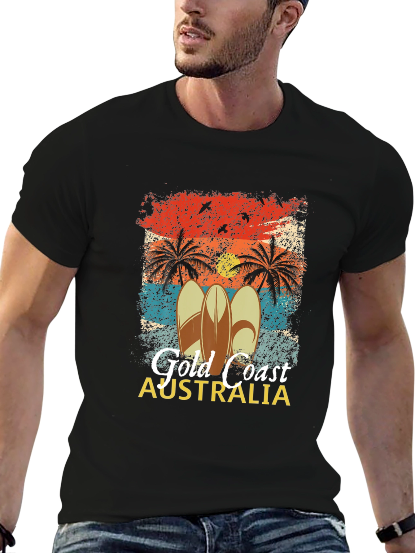 Gold Coast Australia Surfboard Palm Tree Mens T-Shirt