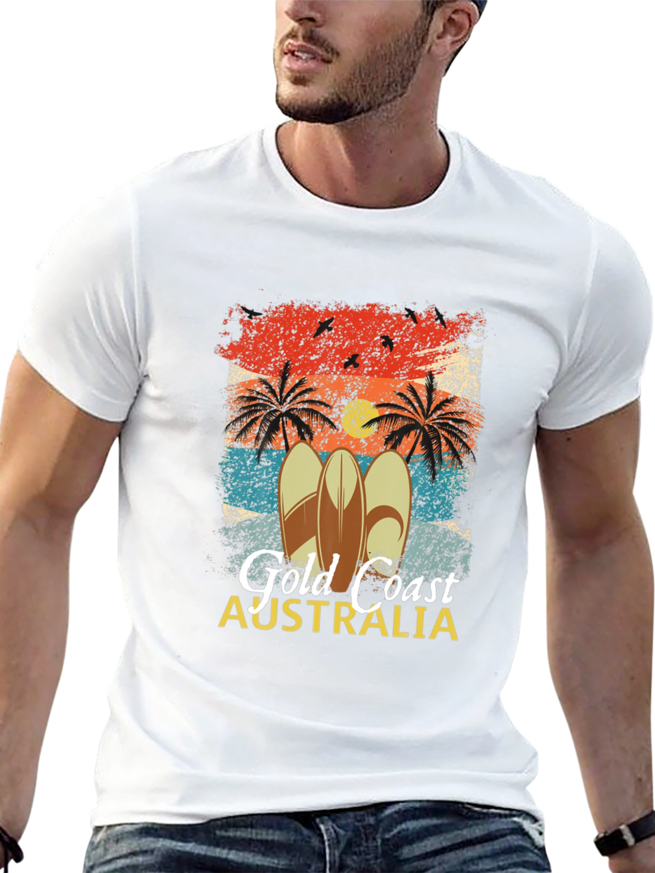 Gold Coast Australia Surfboard Palm Tree Mens T-Shirt