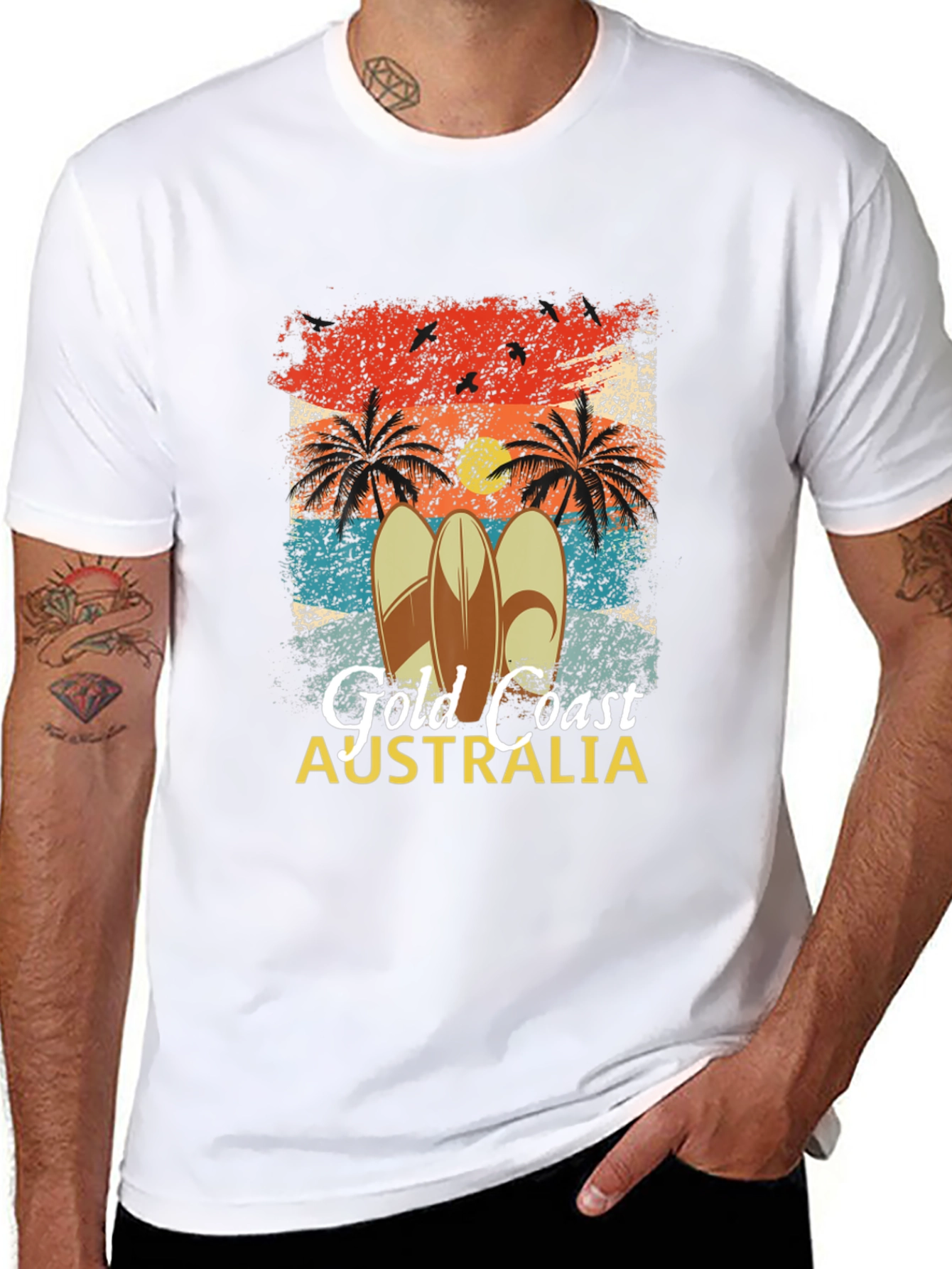Gold Coast Australia Surfboard Palm Tree Mens T-Shirt