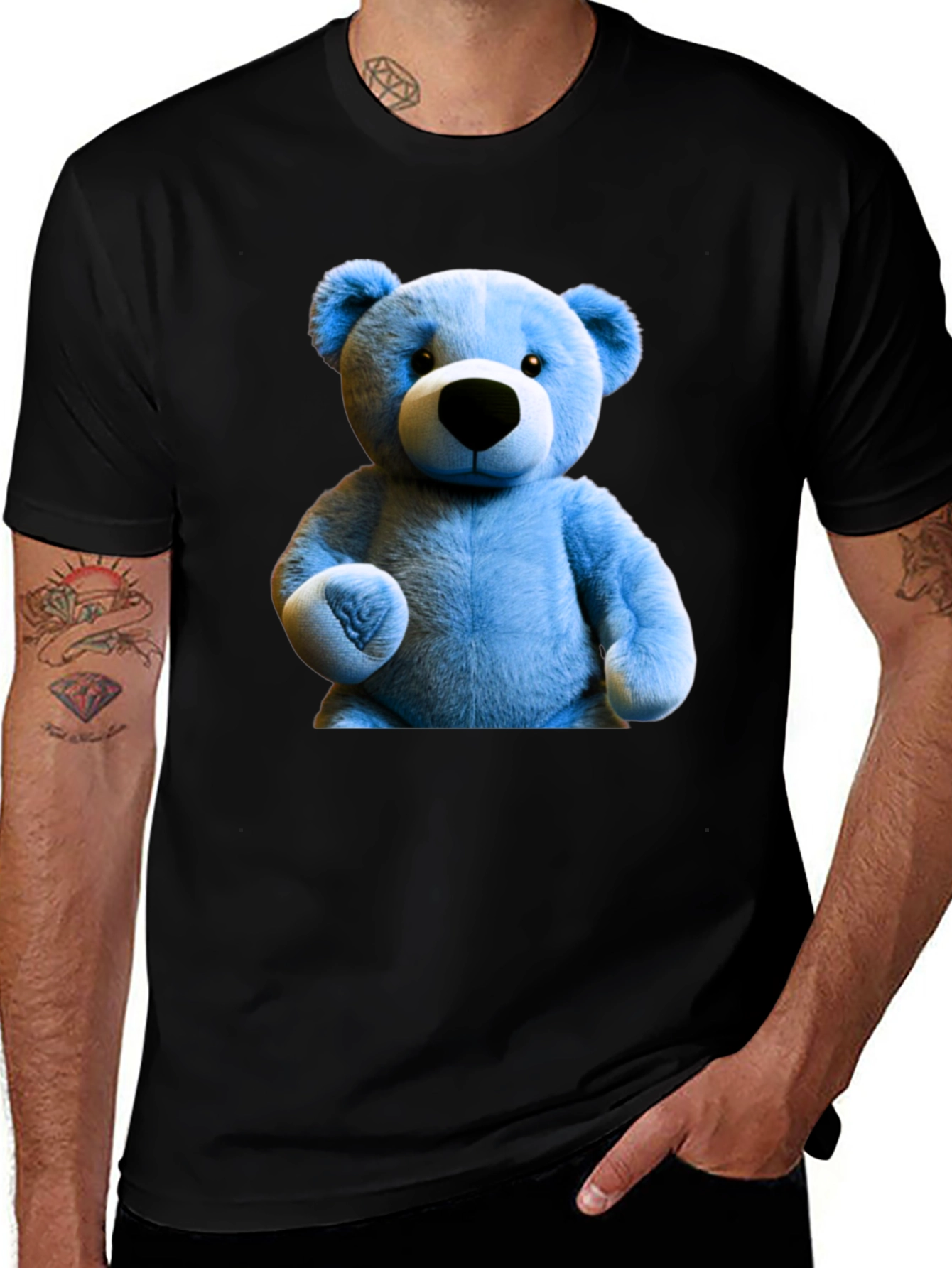 Blue Teddy Bear Graphic Tee - Mens Black T-Shirt
