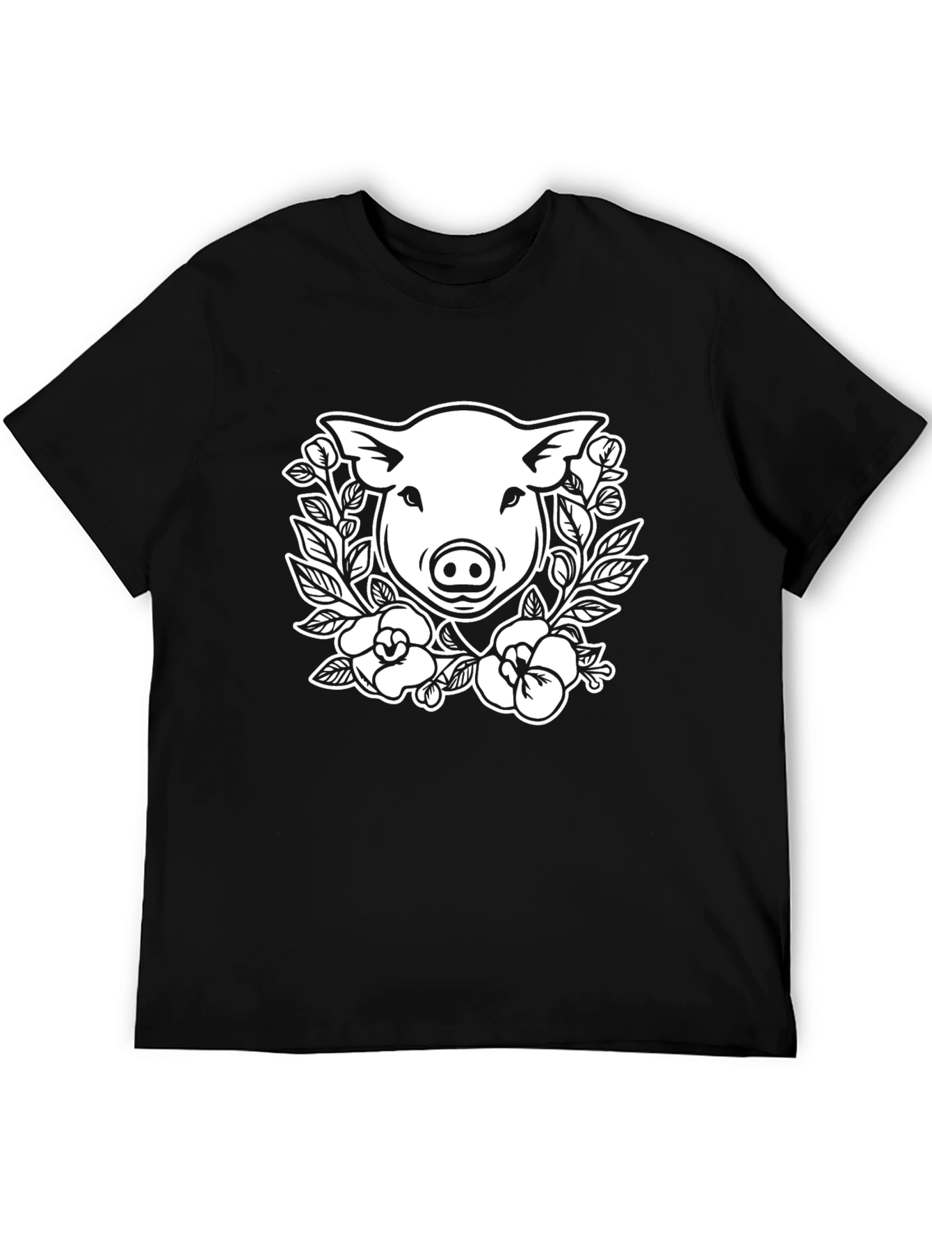 Pig Floral Graphic Tee - Black Cotton T-Shirt