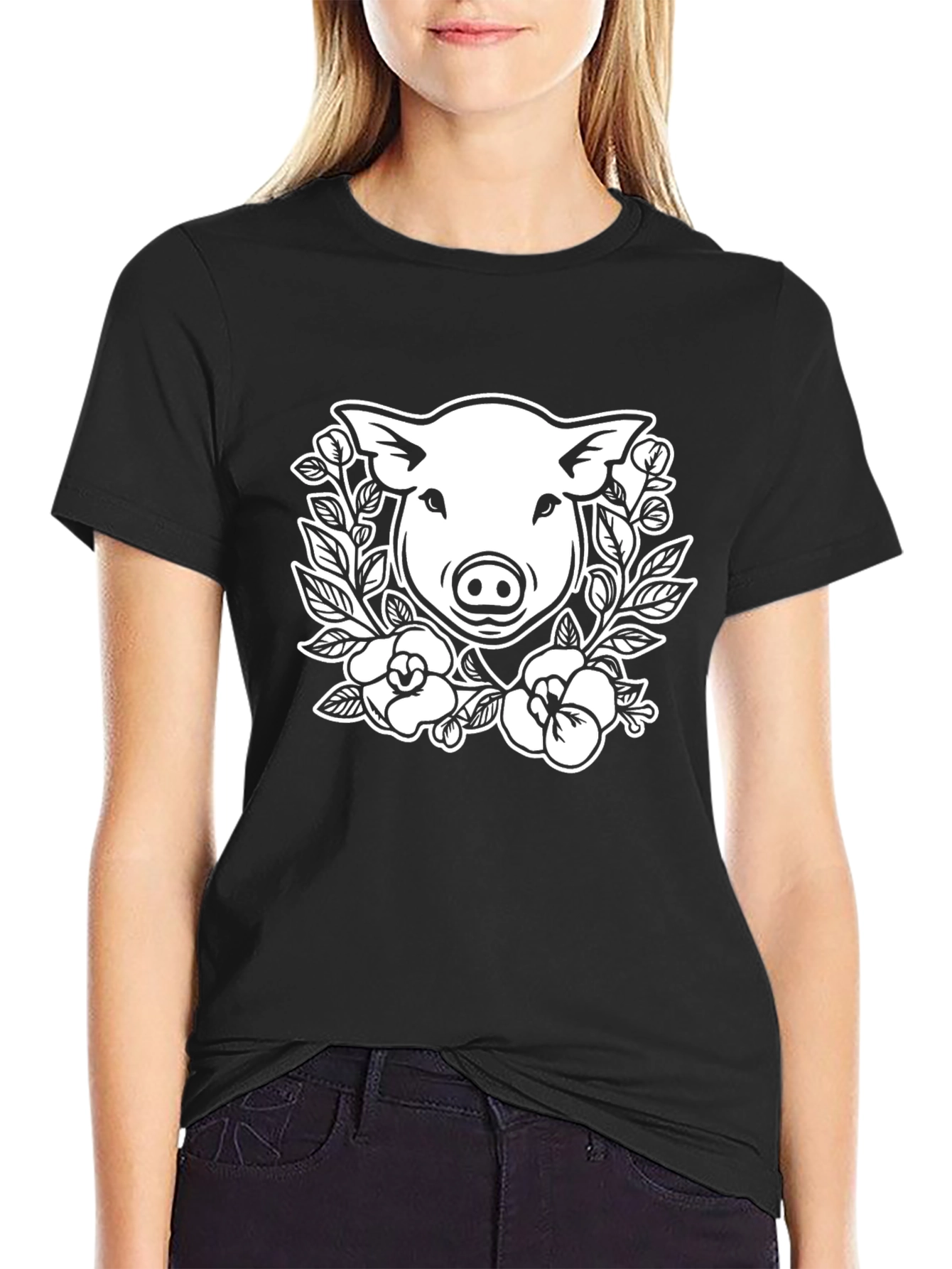 Pig Floral Graphic Tee - Black Cotton T-Shirt