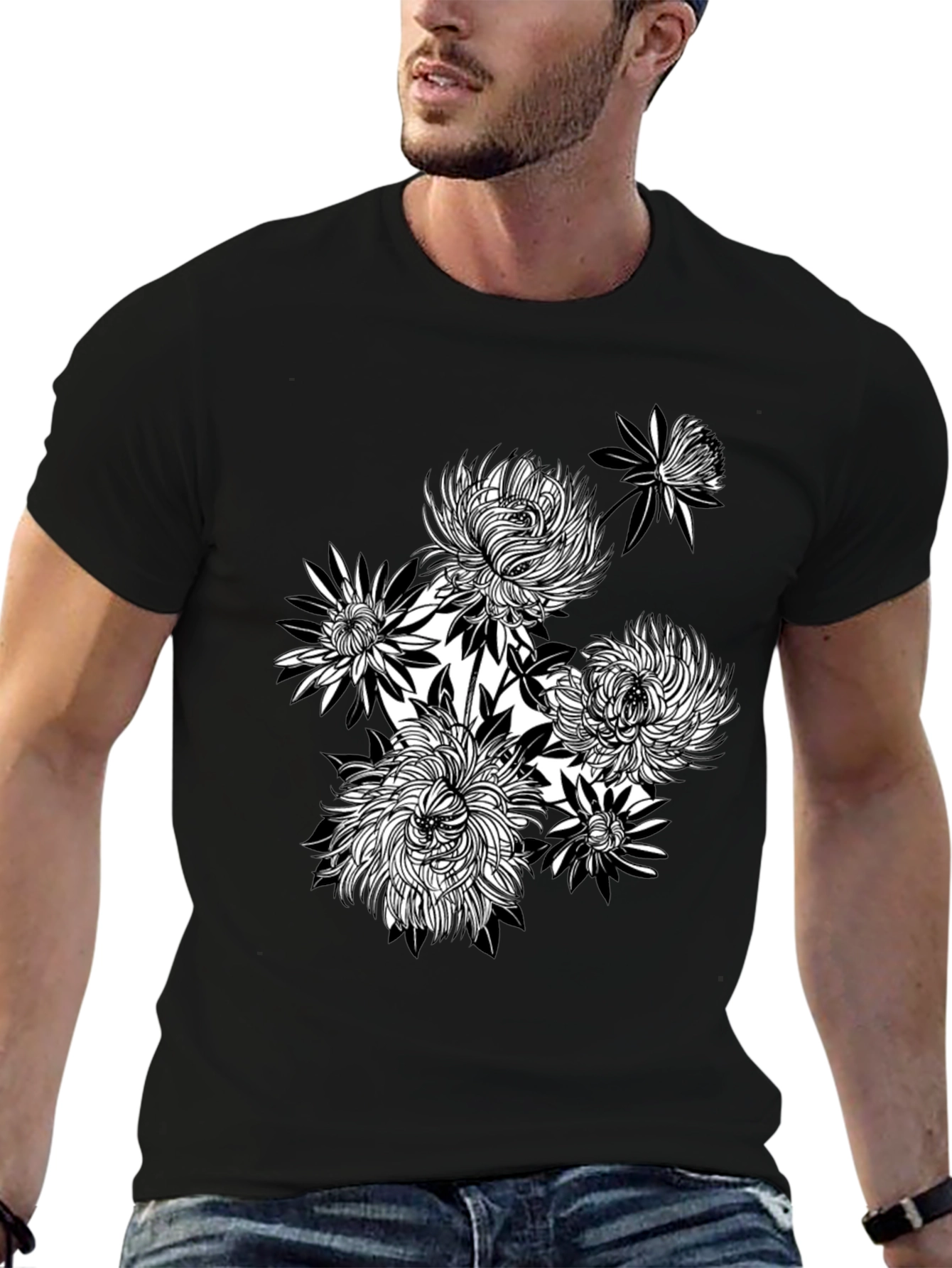 Floral Graphic Tee - Black Cotton T-Shirt