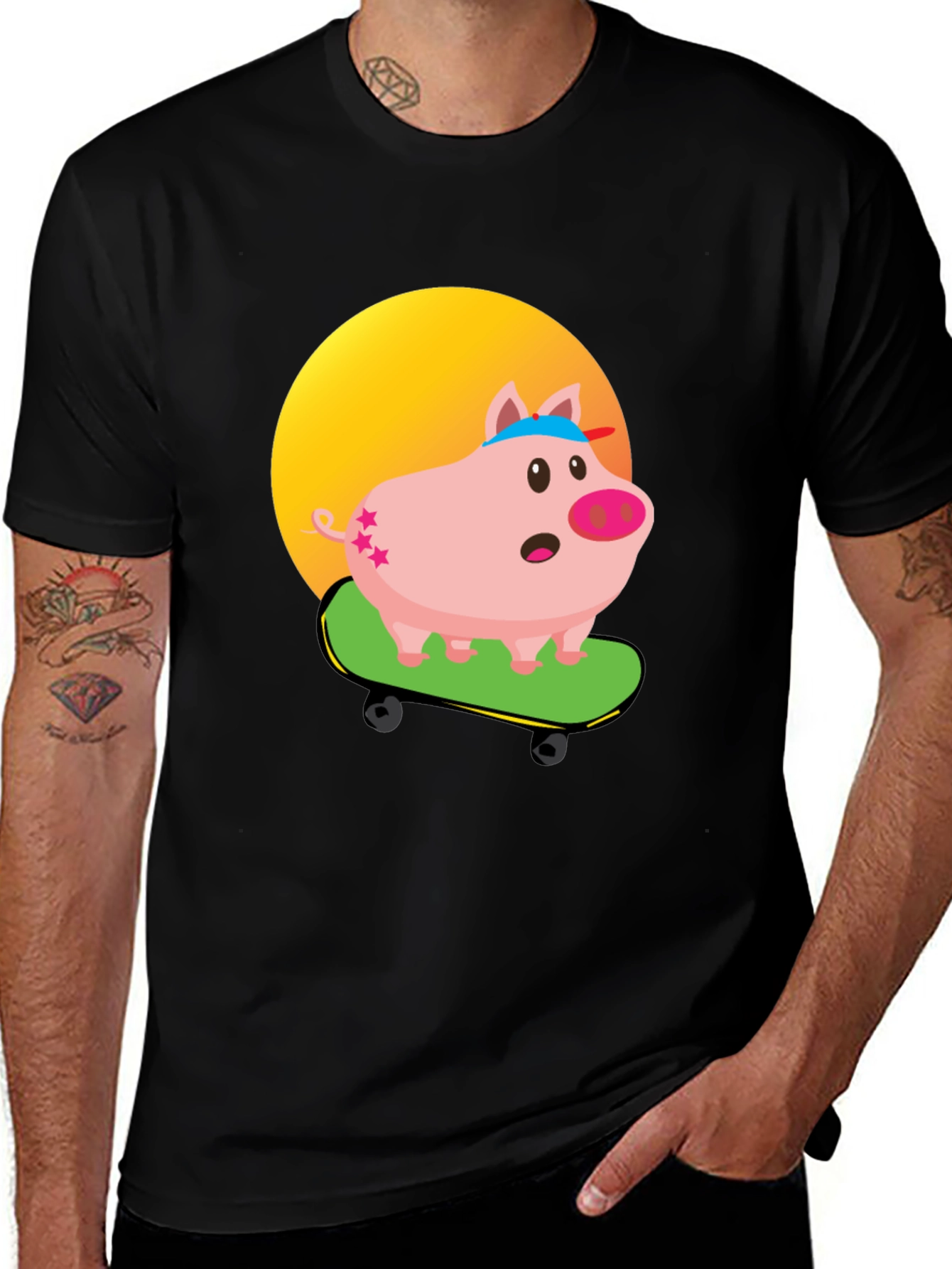 Skateboarding Pig Graphic Tee - Unique Cartoon Design