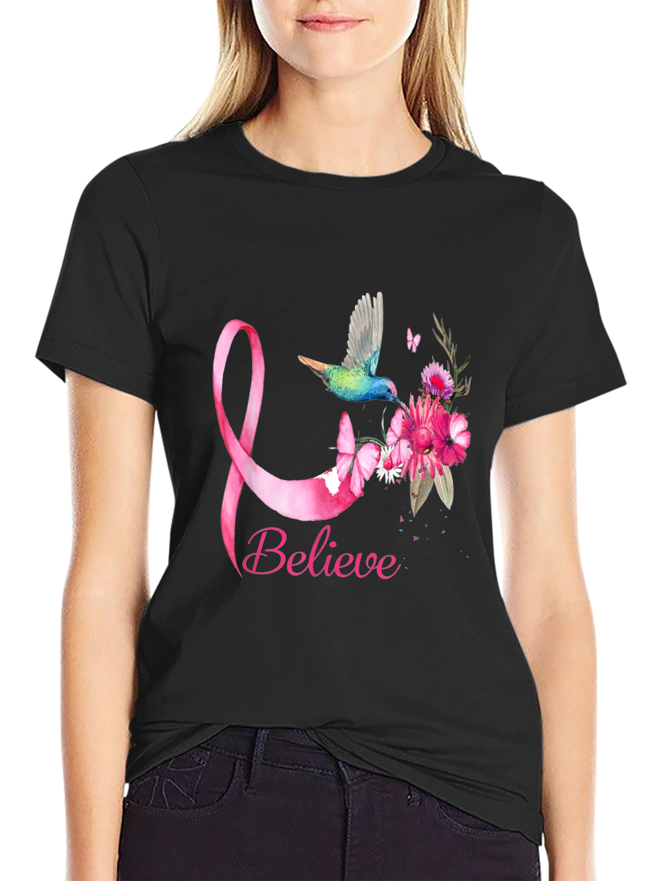 Believe Breast Cancer Awareness Hummingbird T-Shirt