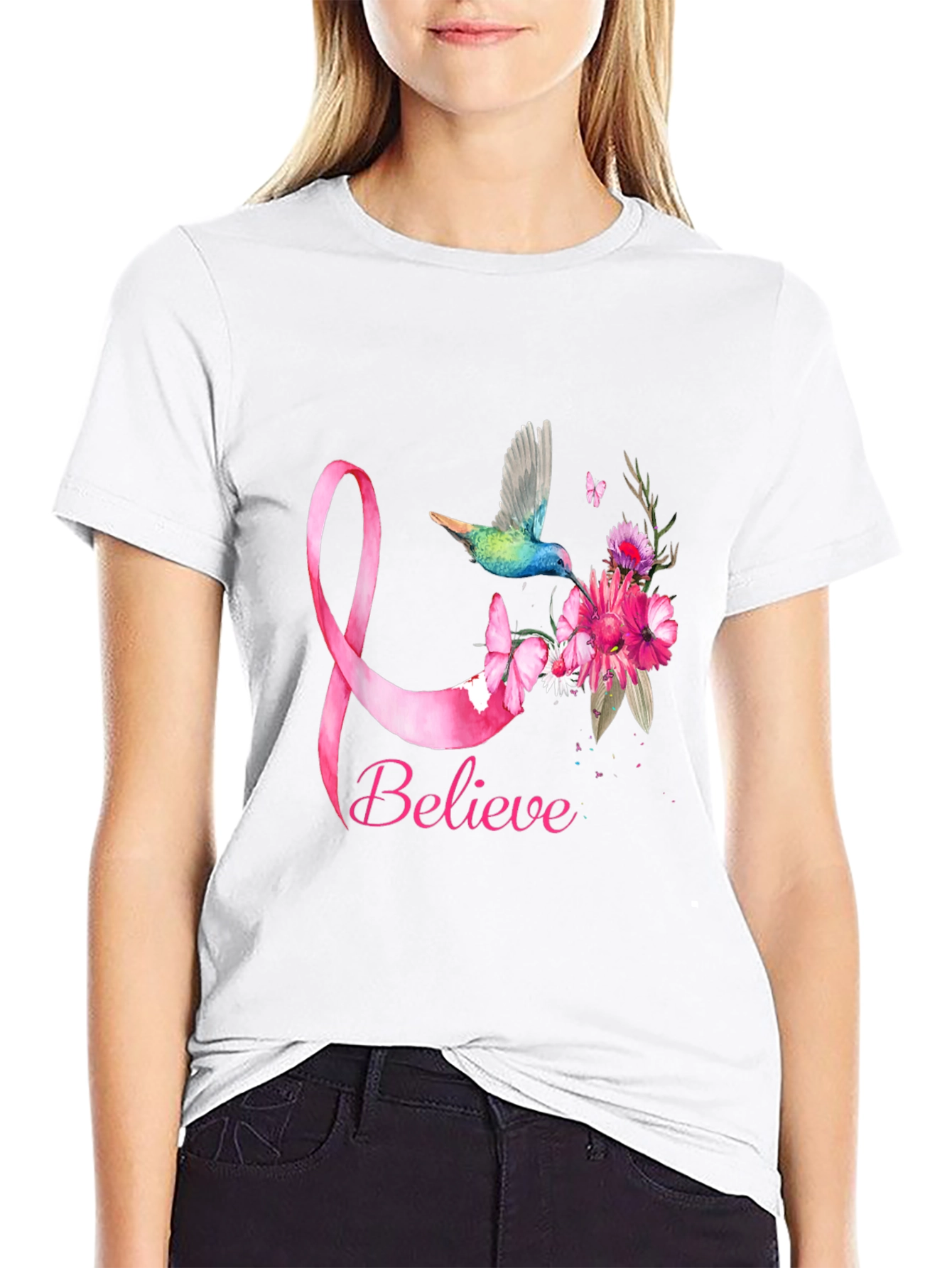 Believe Breast Cancer Awareness Hummingbird T-Shirt