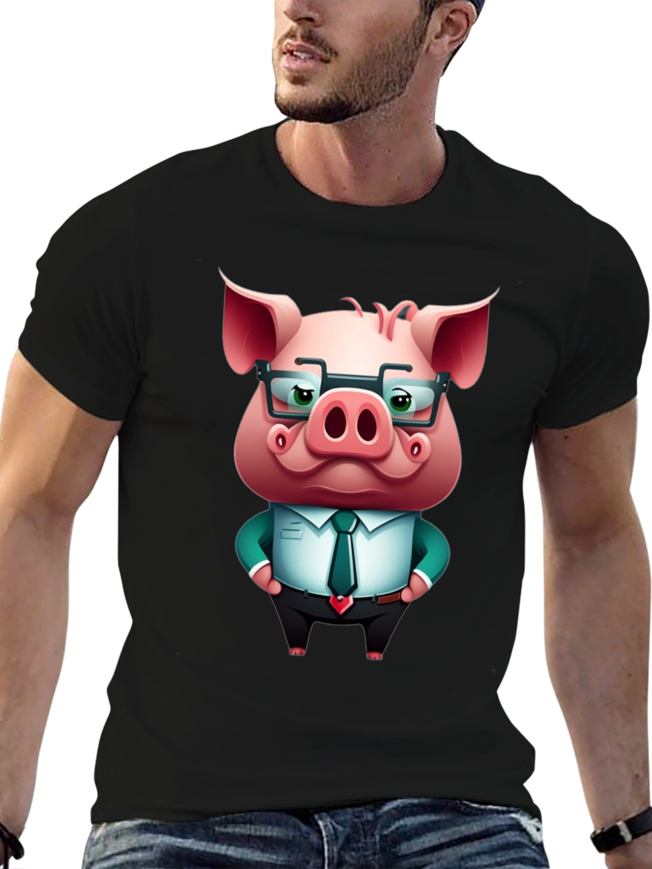 Cool Pig in Suit Graphic Tee - Black T-Shirt