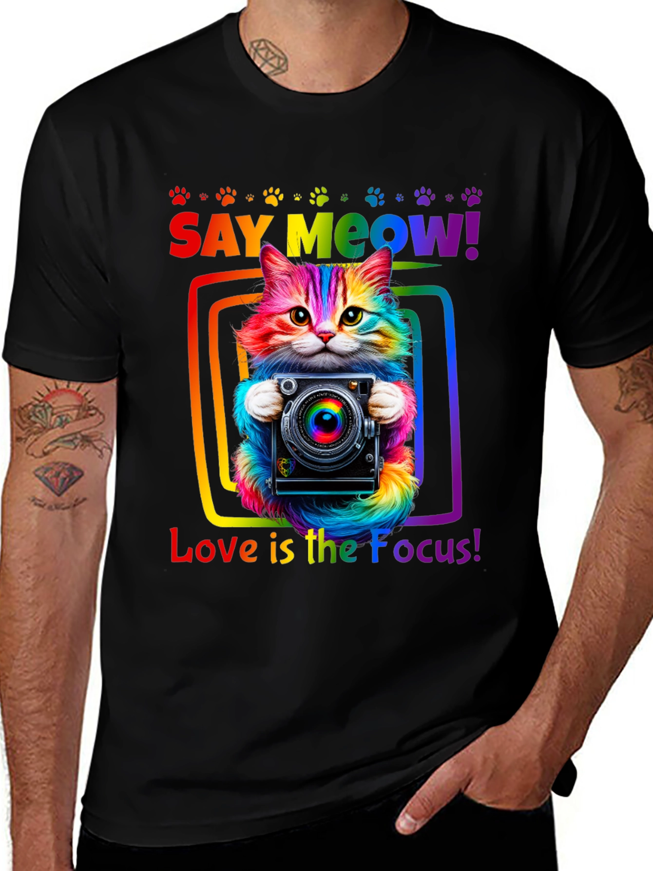 Say Meow Rainbow Cat Photographer T-Shirt