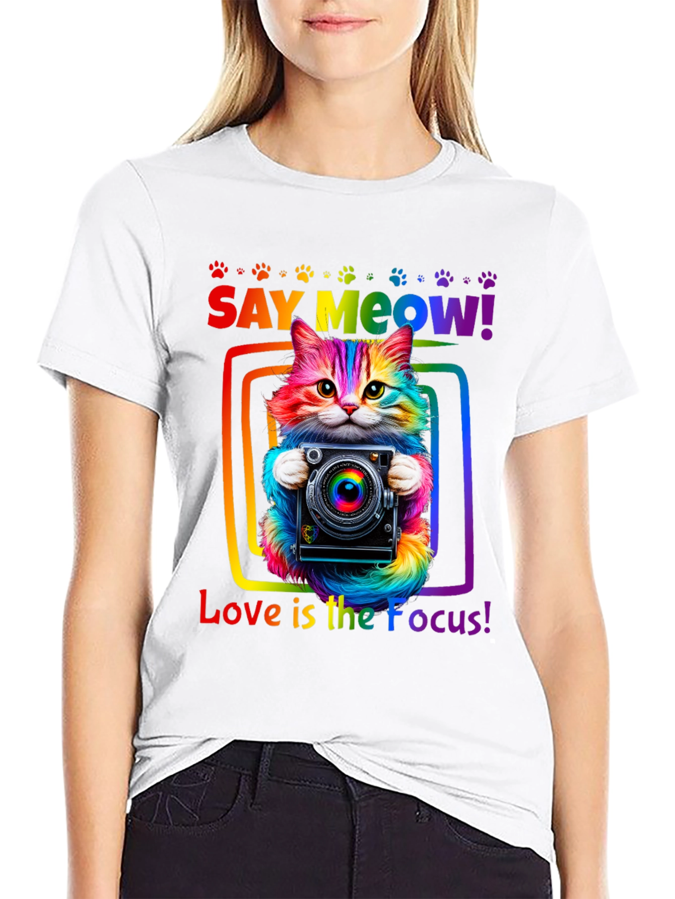 Say Meow Rainbow Cat Photographer T-Shirt