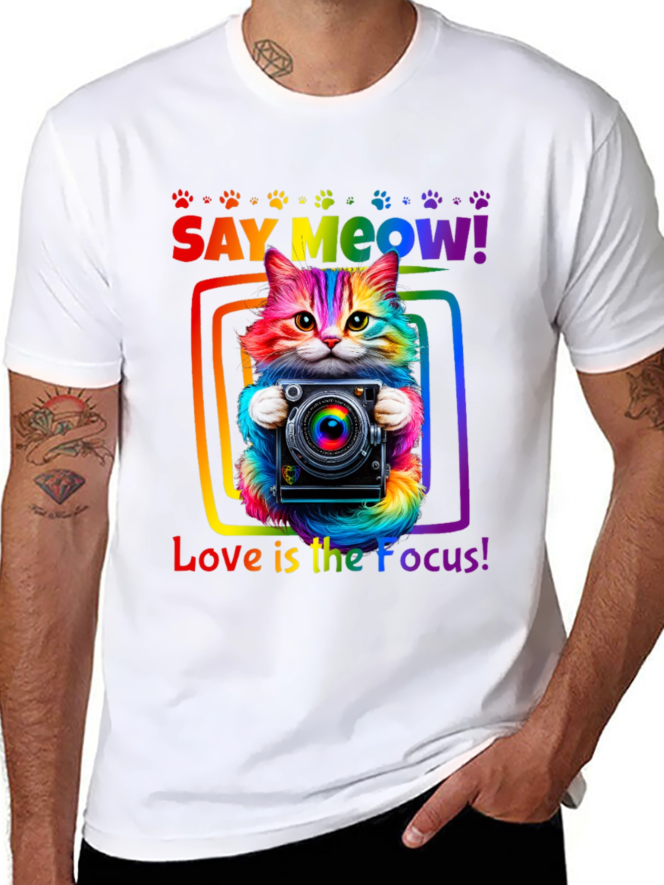 Say Meow Rainbow Cat Photographer T-Shirt