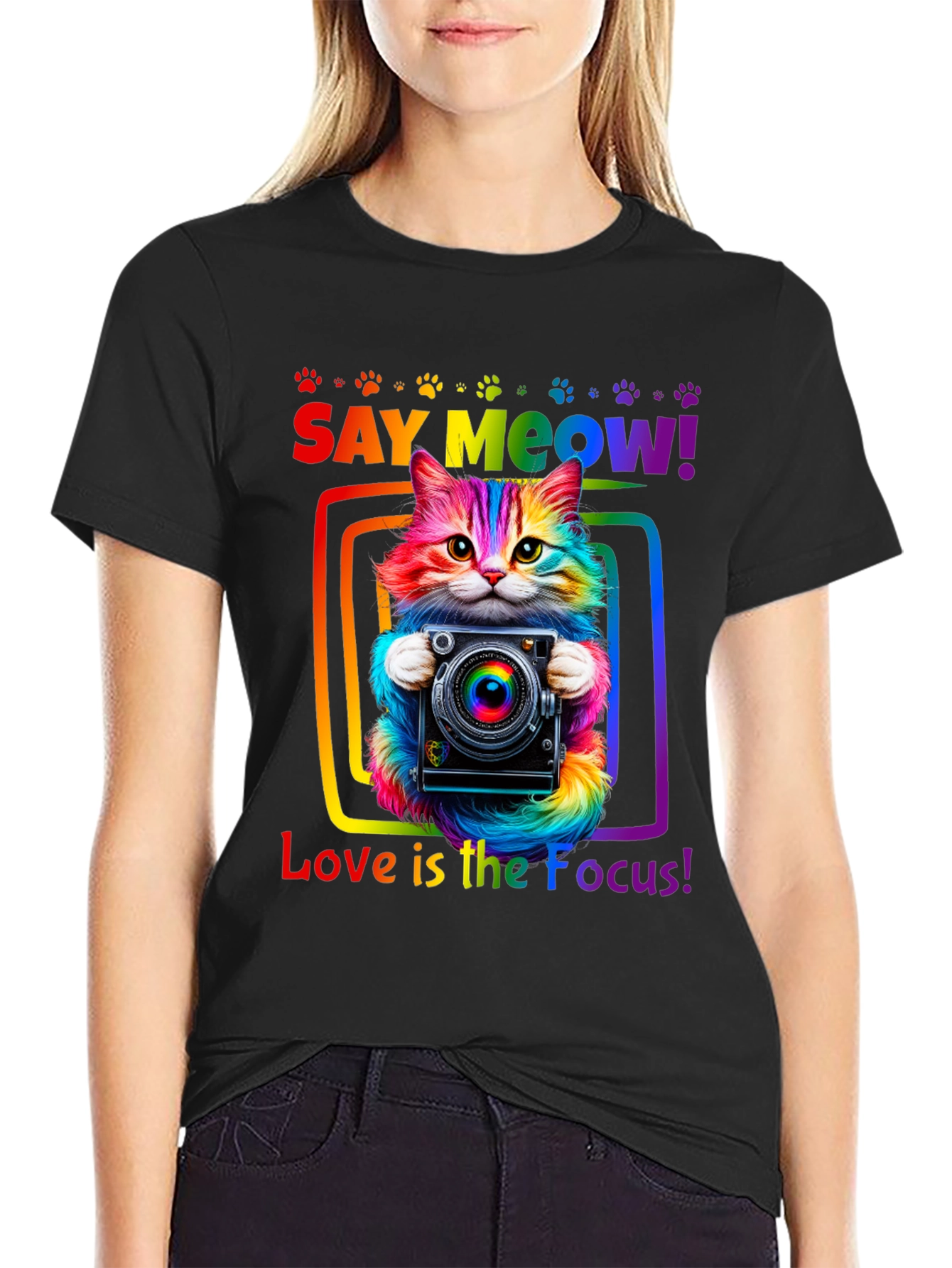 Say Meow Rainbow Cat Photographer T-Shirt