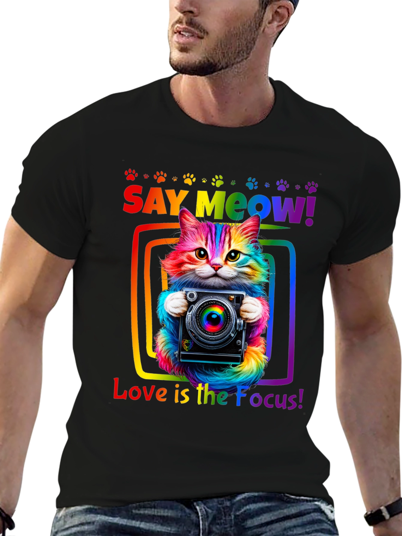 Say Meow Rainbow Cat Photographer T-Shirt