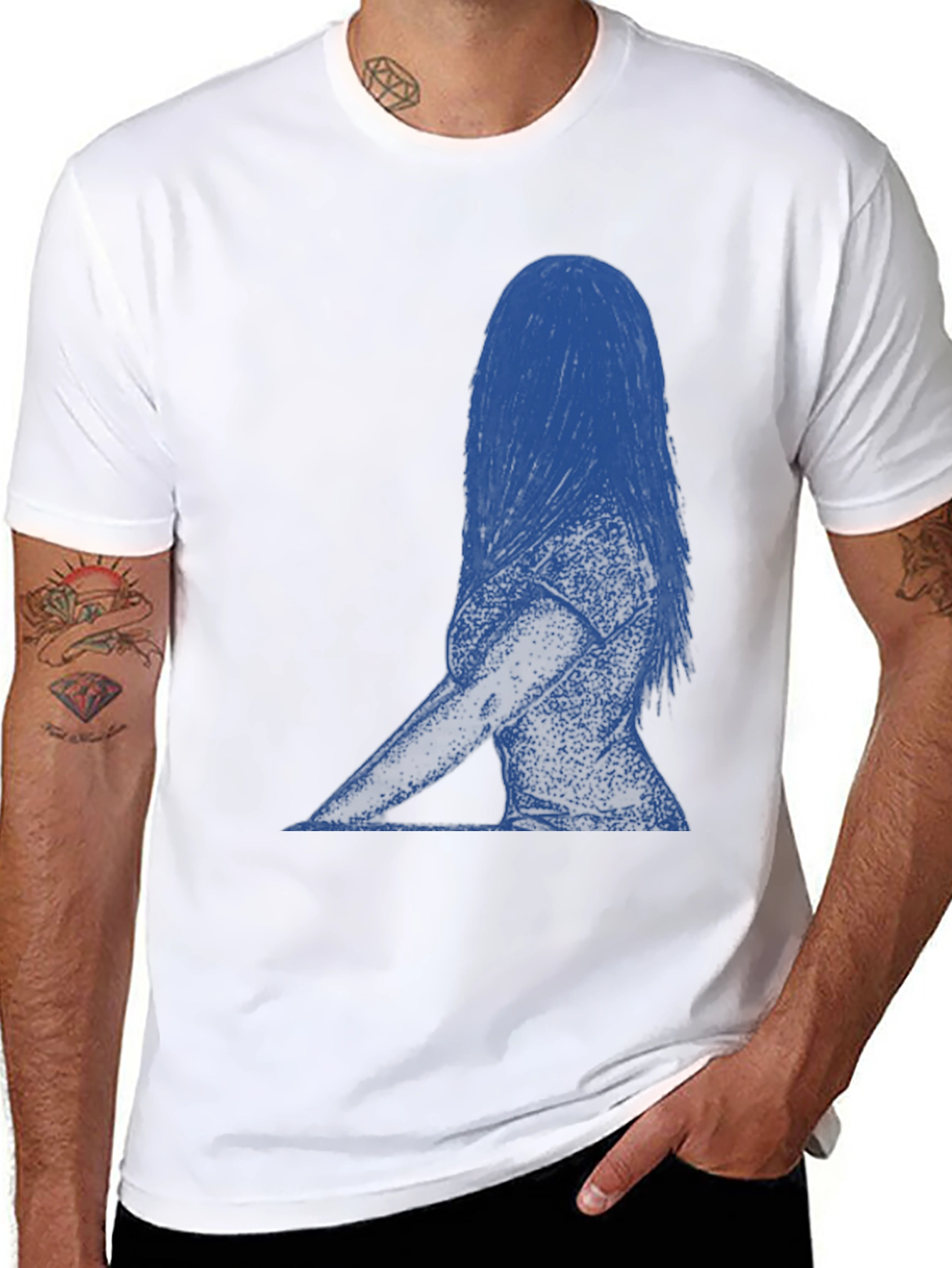 Blue Silhouette Graphic Print Black T-Shirt