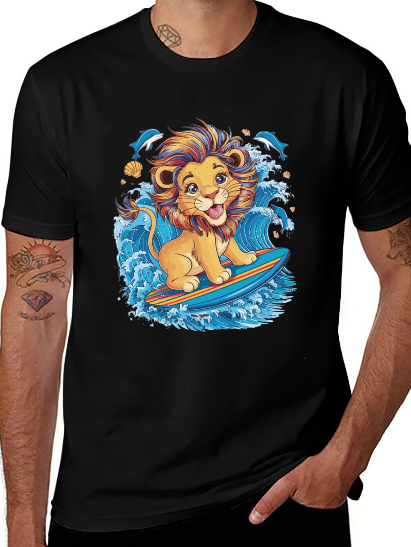 Lion Surfing T-Shirt - Cute Cartoon Design