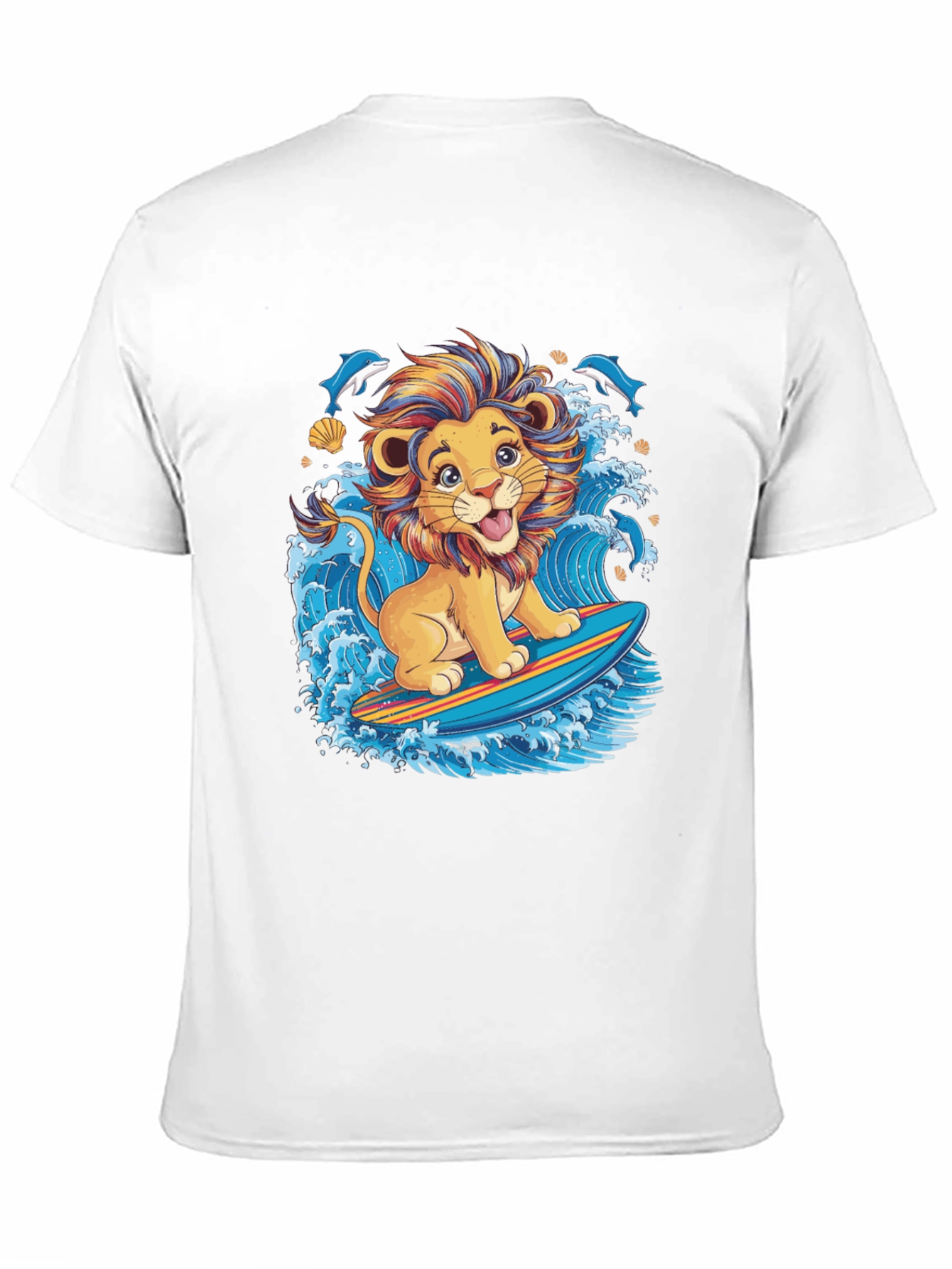 Lion Surfing T-Shirt - Cute Cartoon Design
