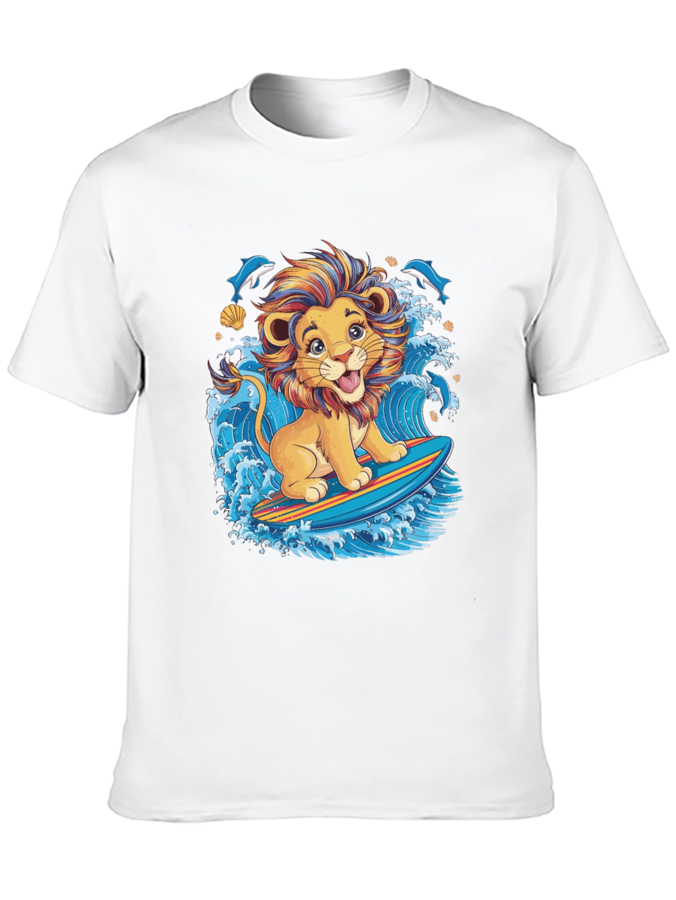 Lion Surfing T-Shirt - Cute Cartoon Design