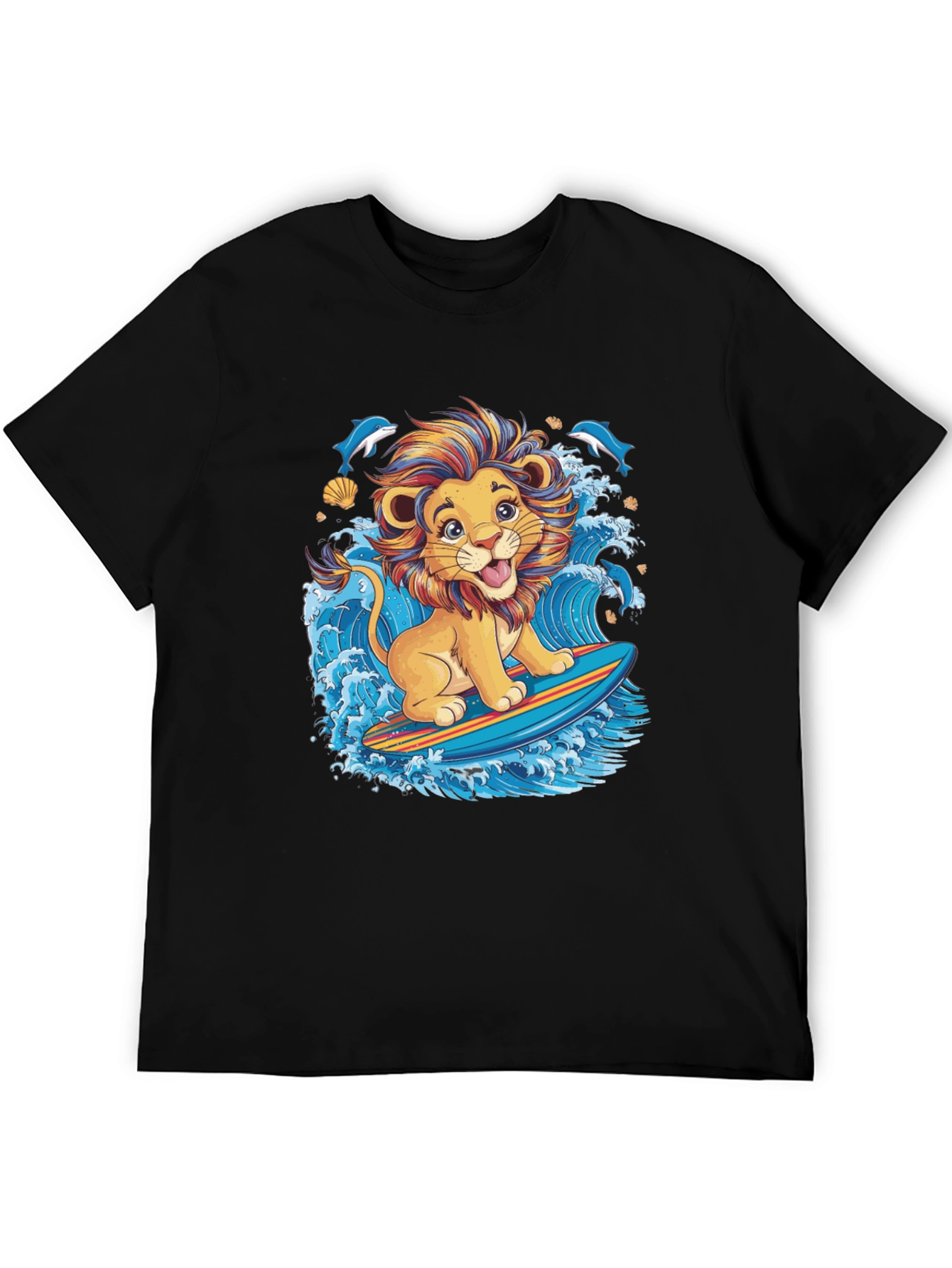Lion Surfing T-Shirt - Cute Cartoon Design